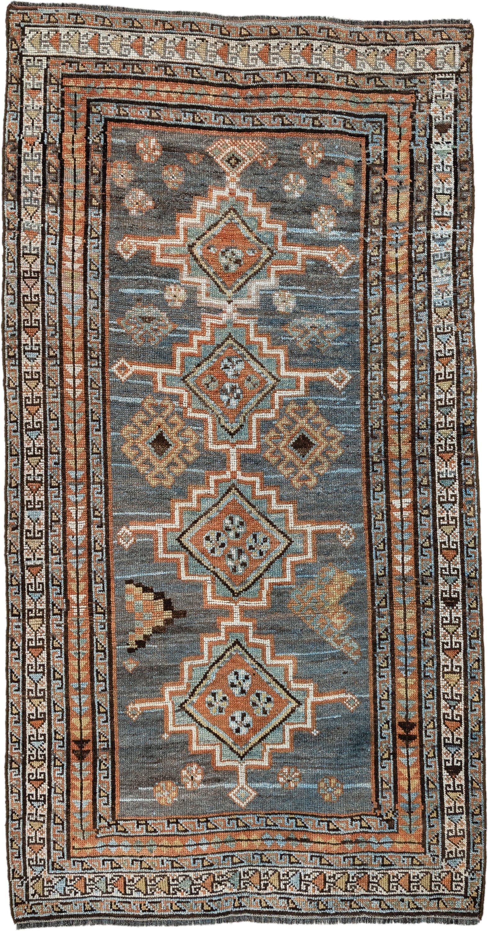 3' x 7' one-of-a-kind handmade antique Gabbe rug. Color palette: blue, rust, ivory, brown, camel, teal, charcoal, terracotta