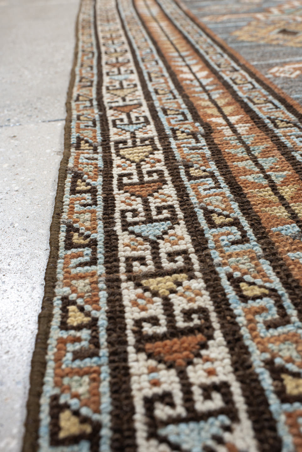 3' x 7' one-of-a-kind handmade antique Gabbe rug. Color palette: blue, rust, ivory, brown, camel, teal, charcoal, terracotta