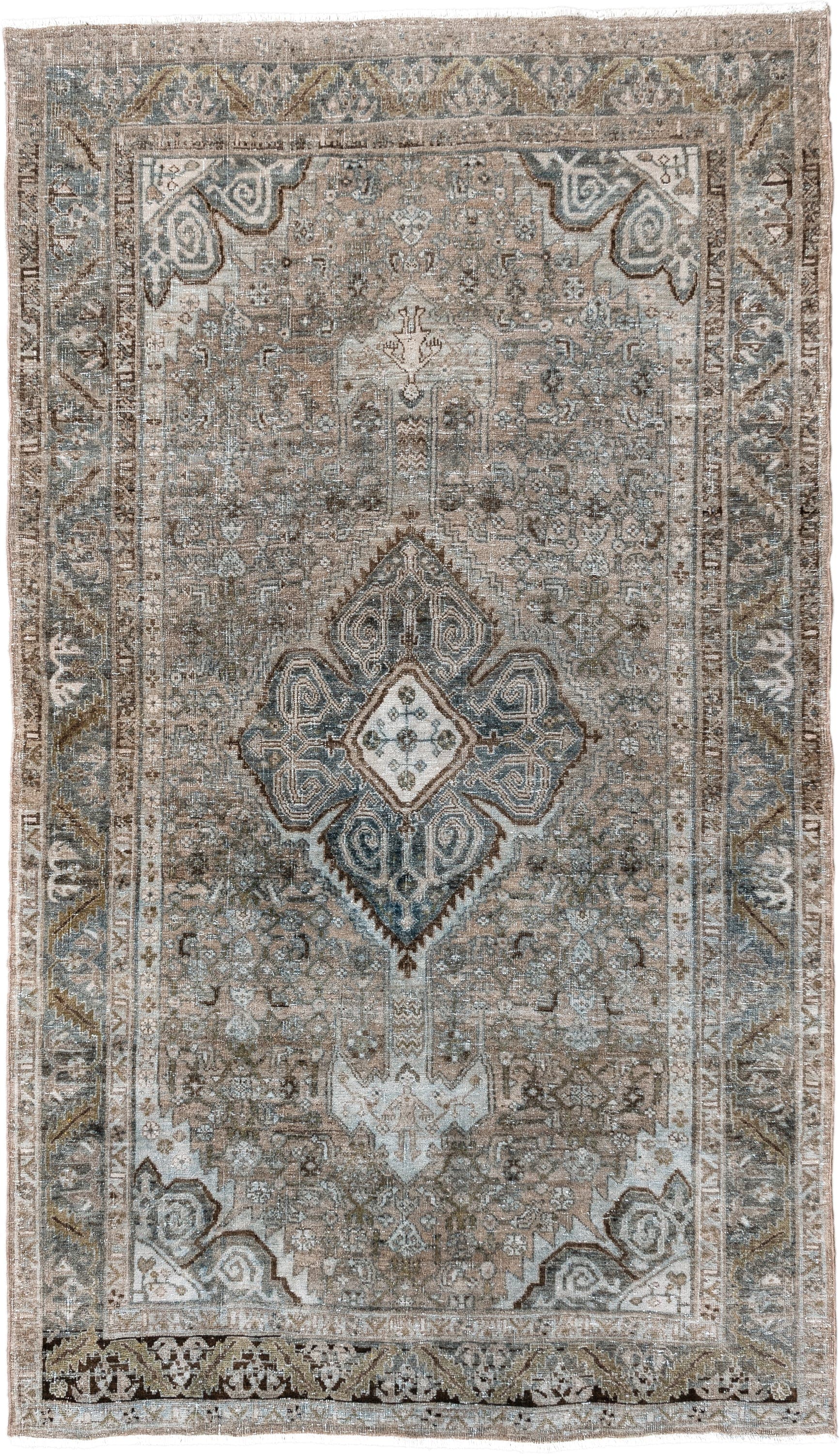 4' x 7' one-of-a-kind handmade antique Bidjar rug. Color palette: taupe, ivory, blue-gray, brown, beige, charcoal, gray