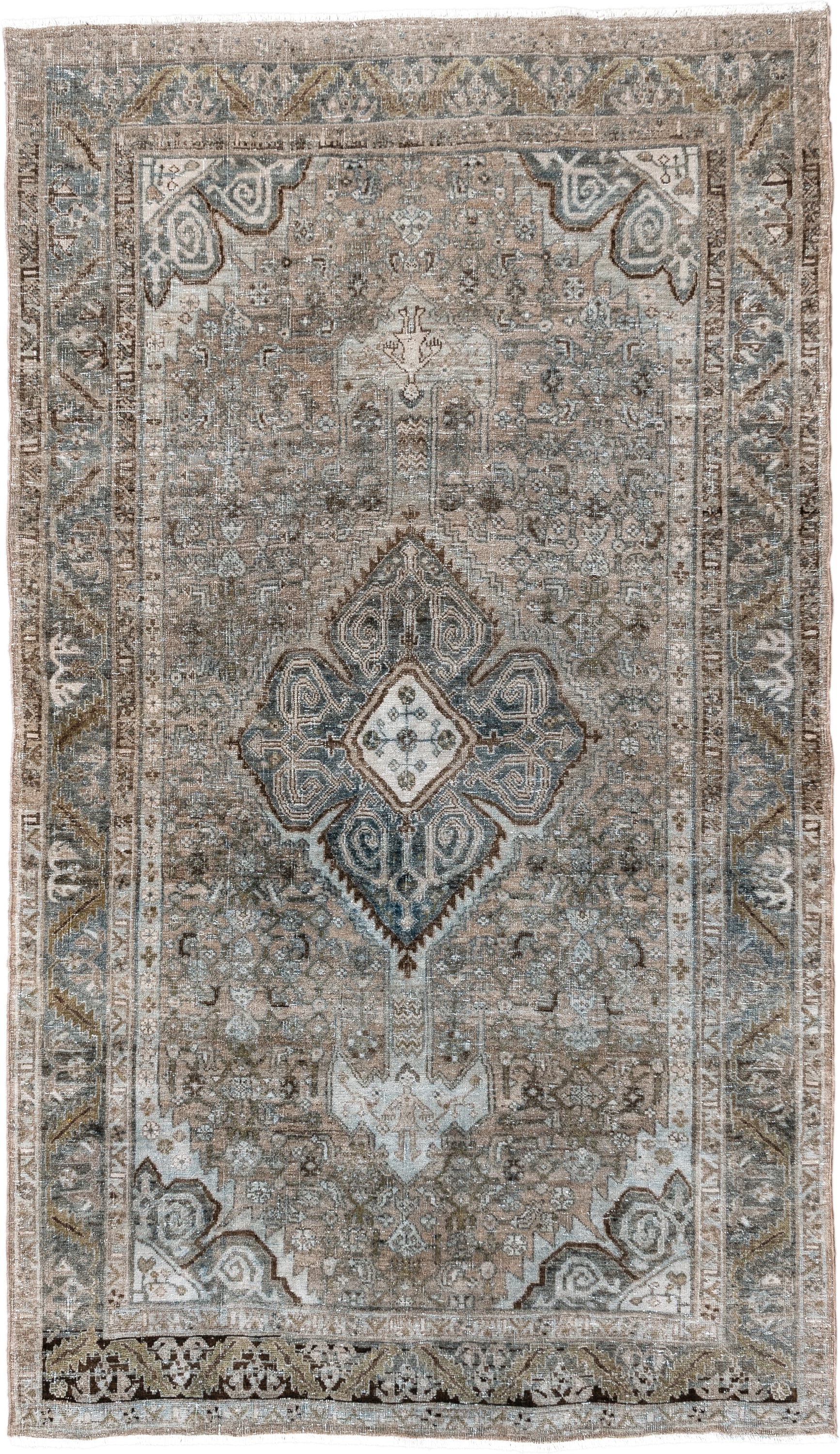 4' x 7' one-of-a-kind handmade antique Bidjar rug. Color palette: taupe, ivory, blue-gray, brown, beige, charcoal, gray