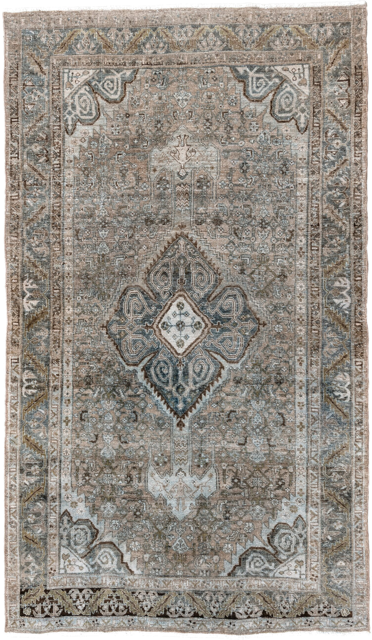 4' x 7' one-of-a-kind handmade antique Bidjar rug. Color palette: taupe, ivory, blue-gray, brown, beige, charcoal, gray