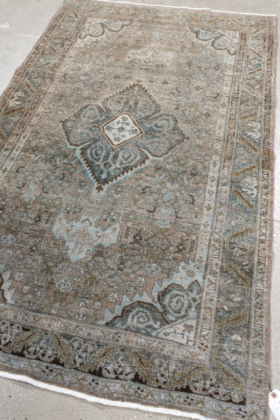 4' x 7' one-of-a-kind handmade antique Bidjar rug. Color palette: taupe, ivory, blue-gray, brown, beige, charcoal, gray