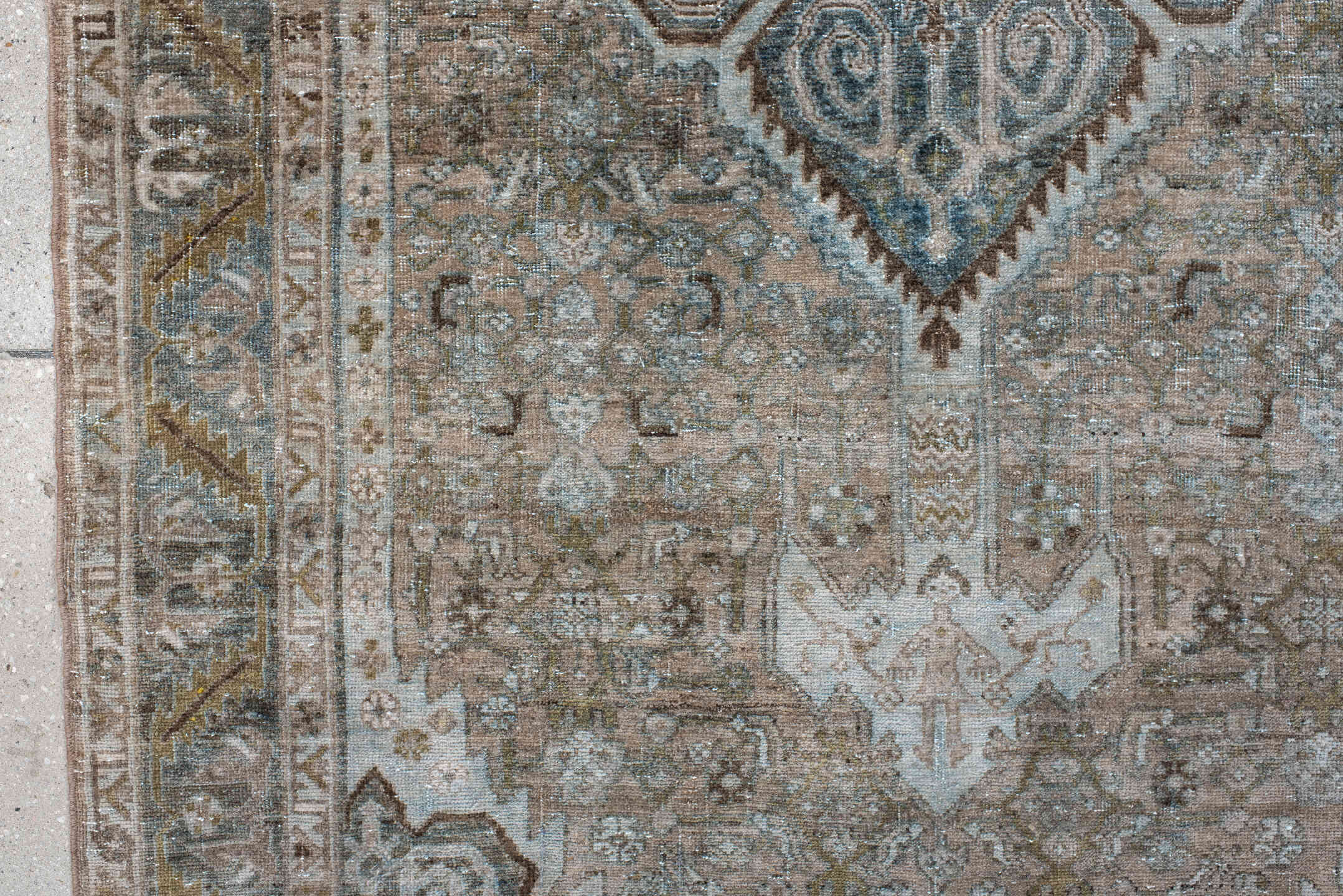 4' x 7' one-of-a-kind handmade antique Bidjar rug. Color palette: taupe, ivory, blue-gray, brown, beige, charcoal, gray