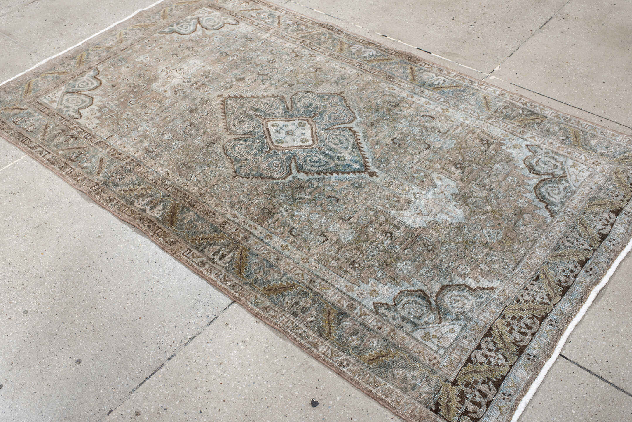 4' x 7' one-of-a-kind handmade antique Bidjar rug. Color palette: taupe, ivory, blue-gray, brown, beige, charcoal, gray
