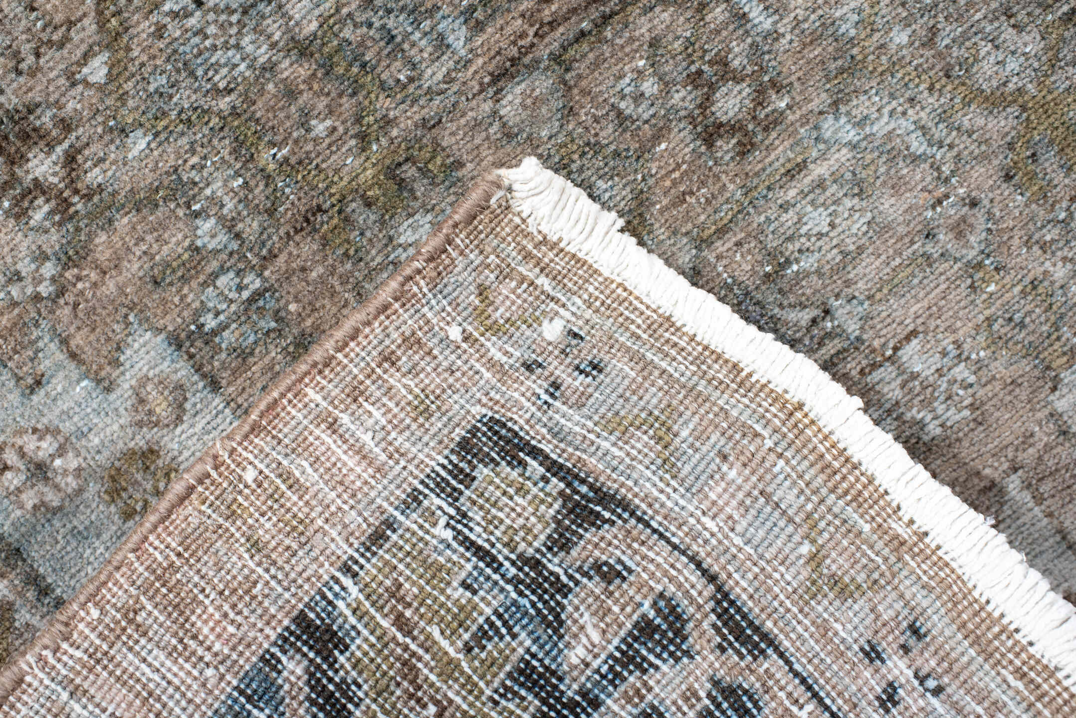4' x 7' one-of-a-kind handmade antique Bidjar rug. Color palette: taupe, ivory, blue-gray, brown, beige, charcoal, gray