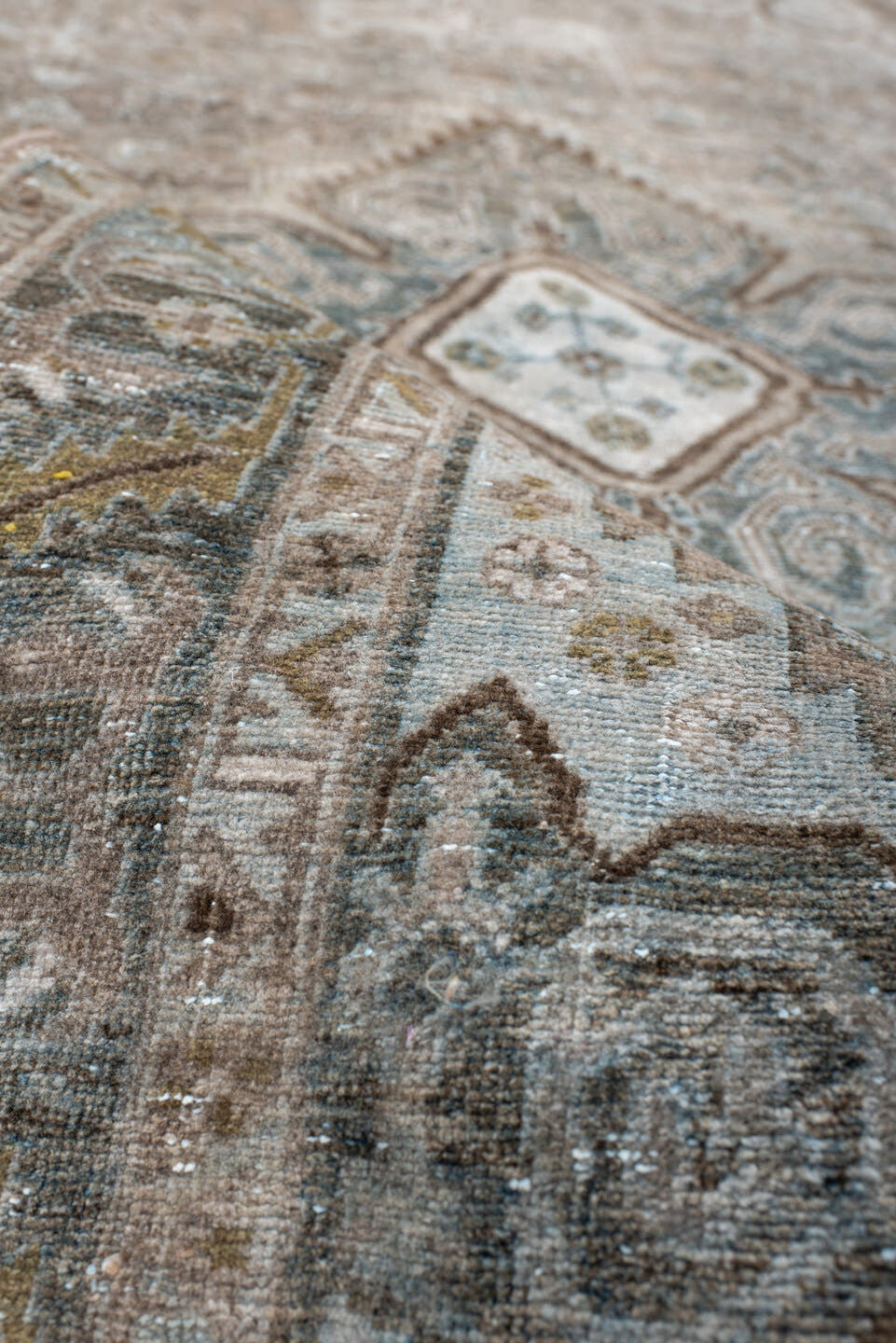4' x 7' one-of-a-kind handmade antique Bidjar rug. Color palette: taupe, ivory, blue-gray, brown, beige, charcoal, gray