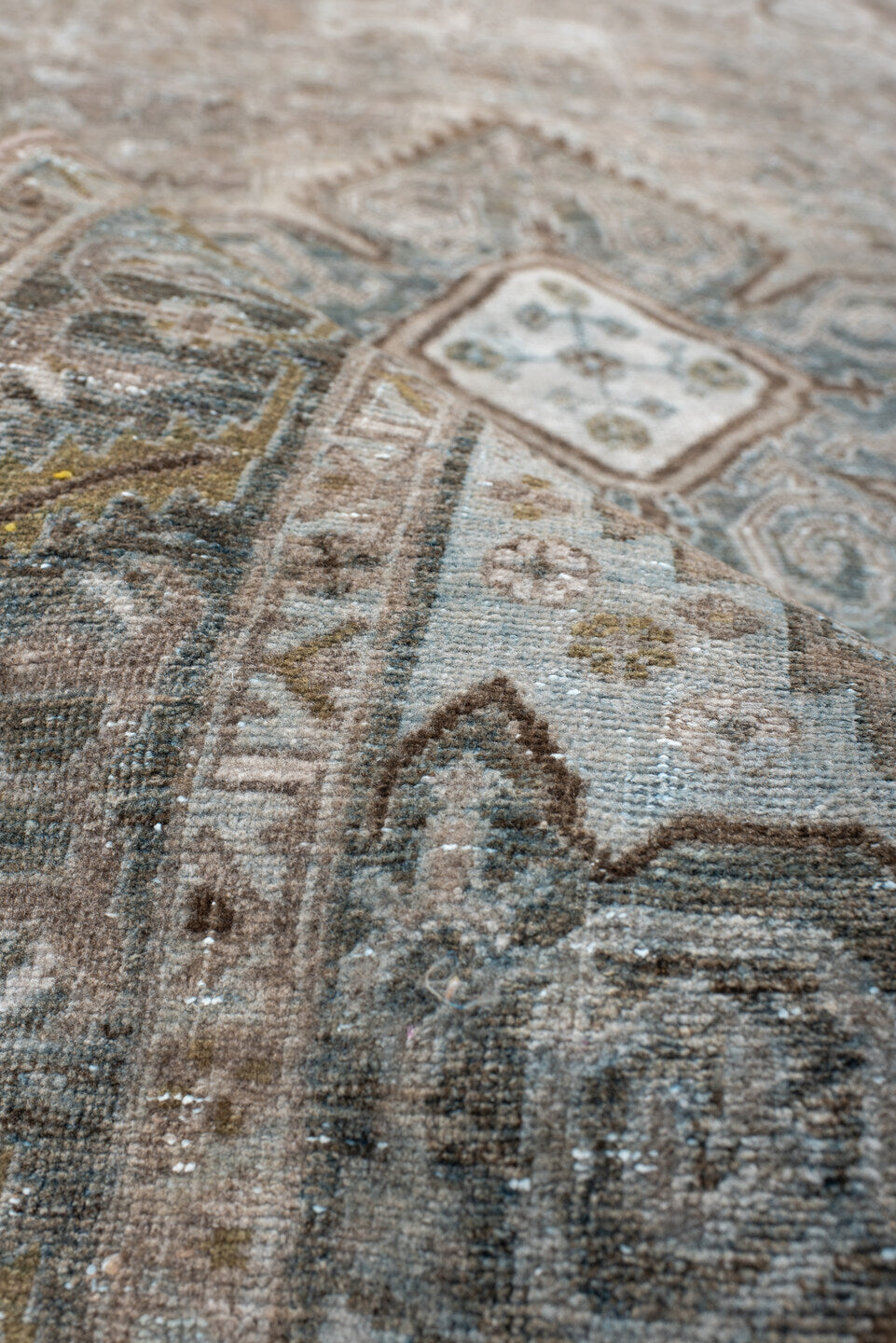 4' x 7' one-of-a-kind handmade antique Bidjar rug. Color palette: taupe, ivory, blue-gray, brown, beige, charcoal, gray