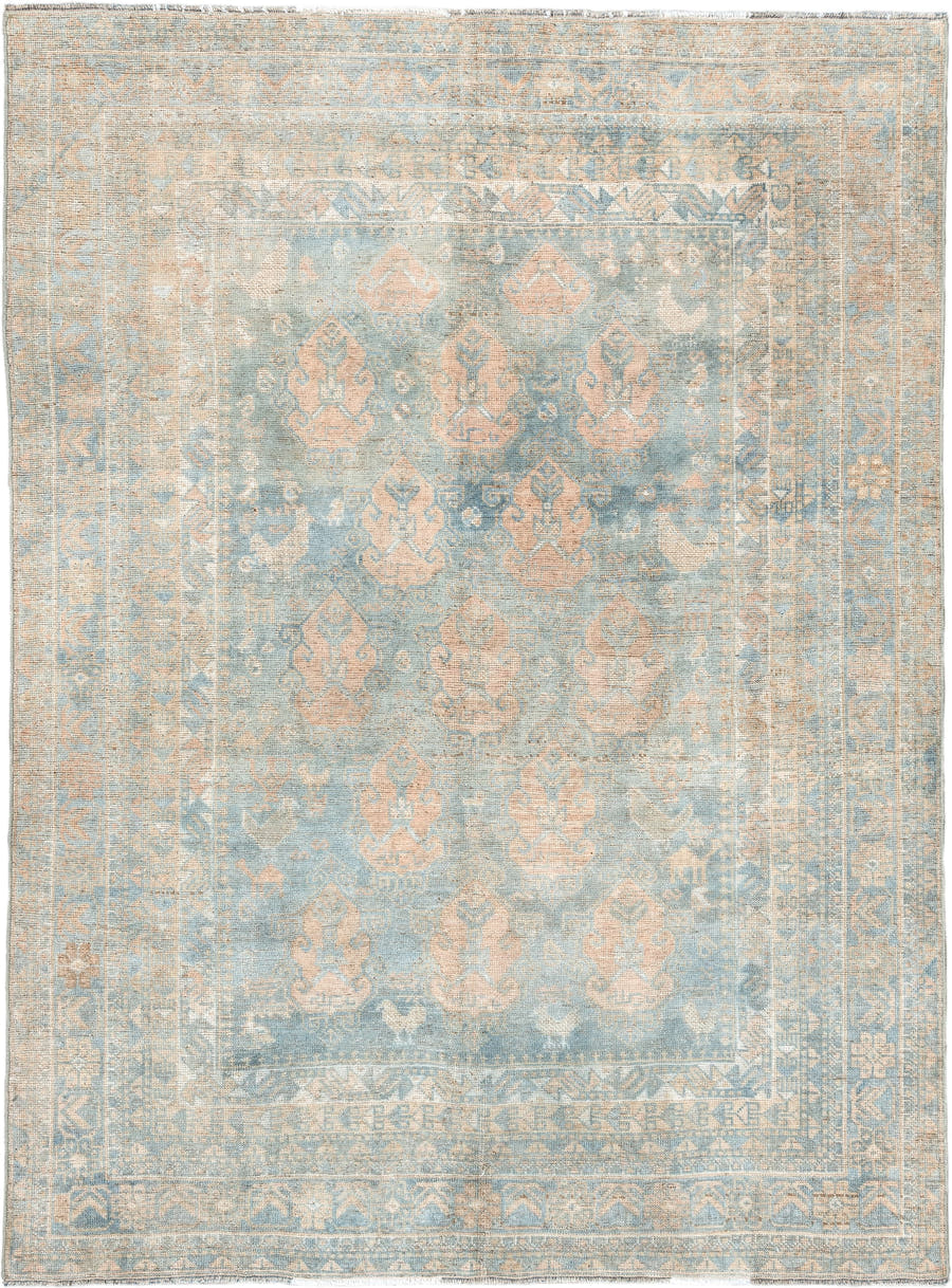 4' x 6' one-of-a-kind handmade vintage Afshar rug. Color palette: light blue, ivory, blush, beige, taupe, camel, pink, gray