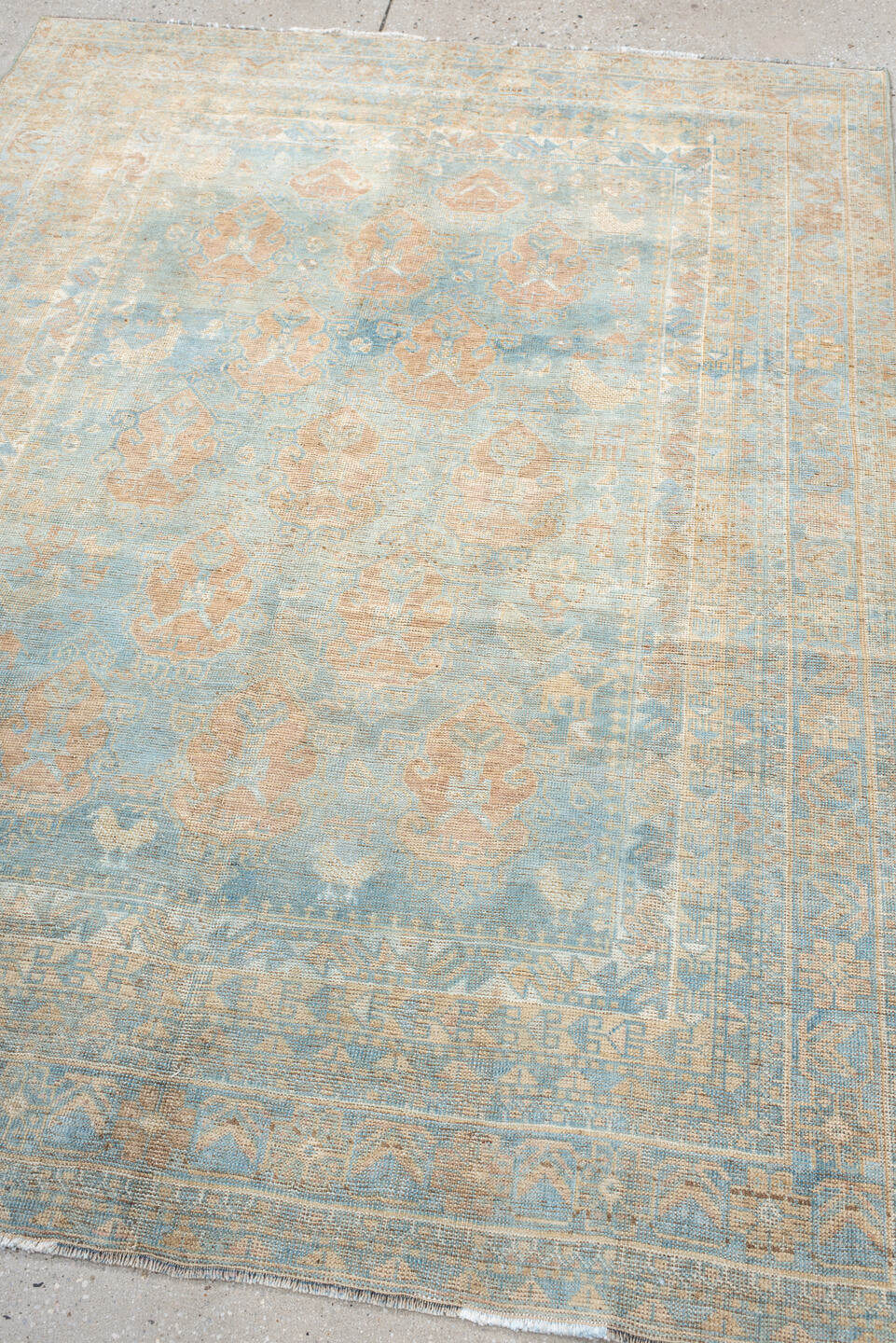 4' x 6' one-of-a-kind handmade vintage Afshar rug. Color palette: light blue, ivory, blush, beige, taupe, camel, pink, gray