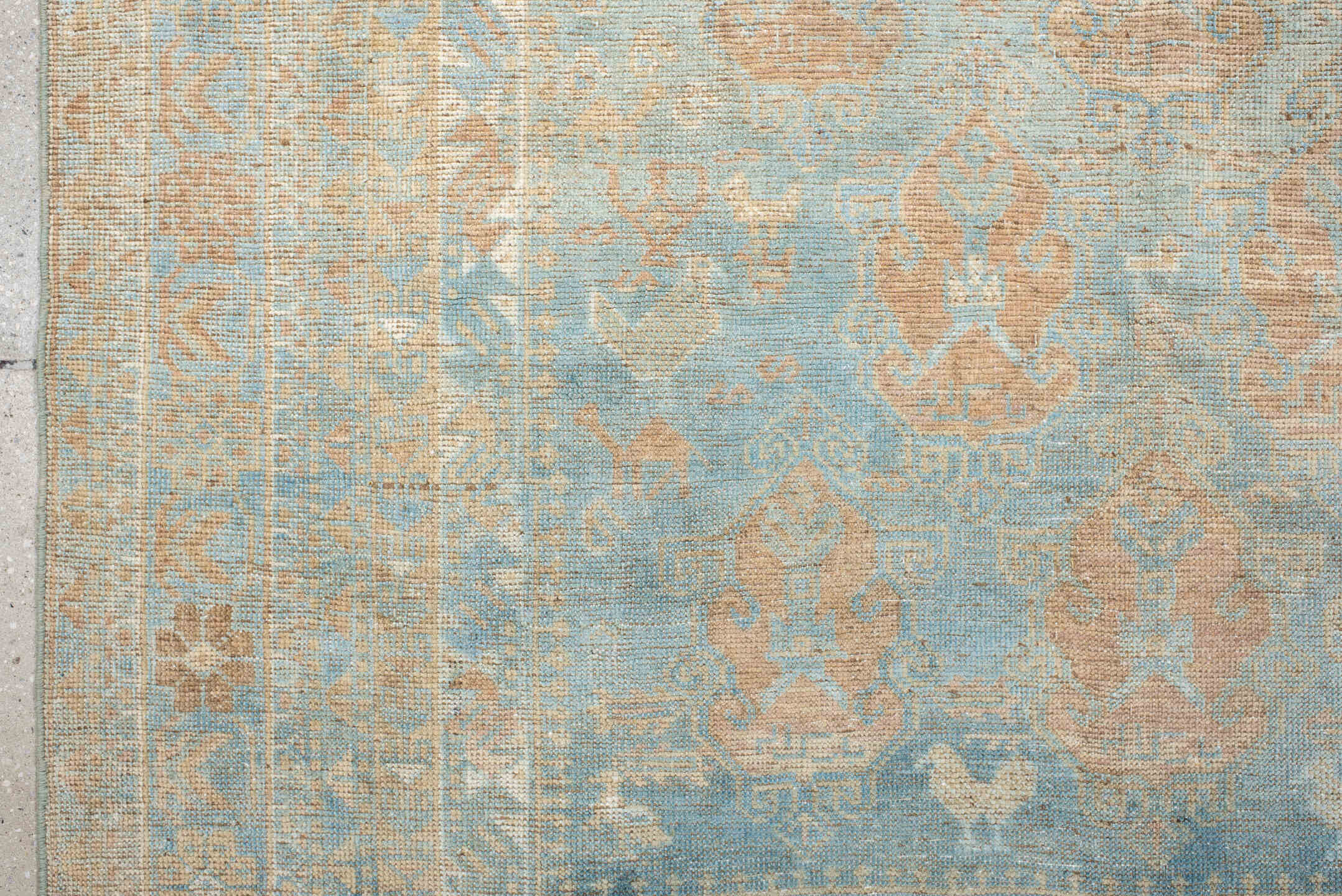 4' x 6' one-of-a-kind handmade vintage Afshar rug. Color palette: light blue, ivory, blush, beige, taupe, camel, pink, gray