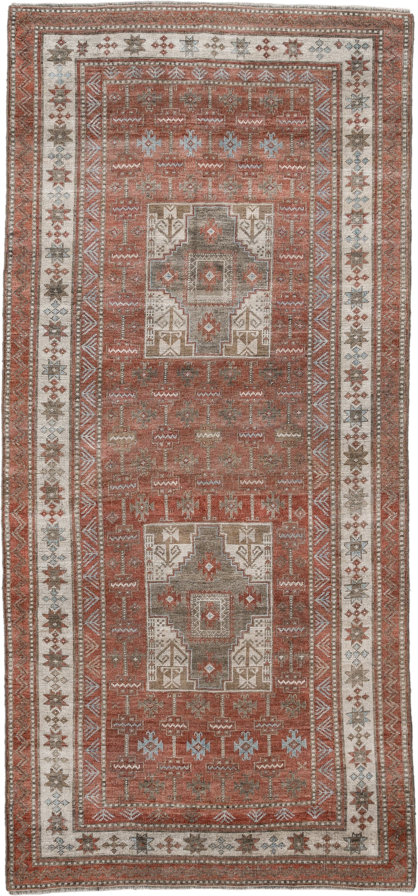 3' x 7' one-of-a-kind handmade antique Belouch runner rug. Color palette: terra cotta, ivory, taupe, brown, slate, rust