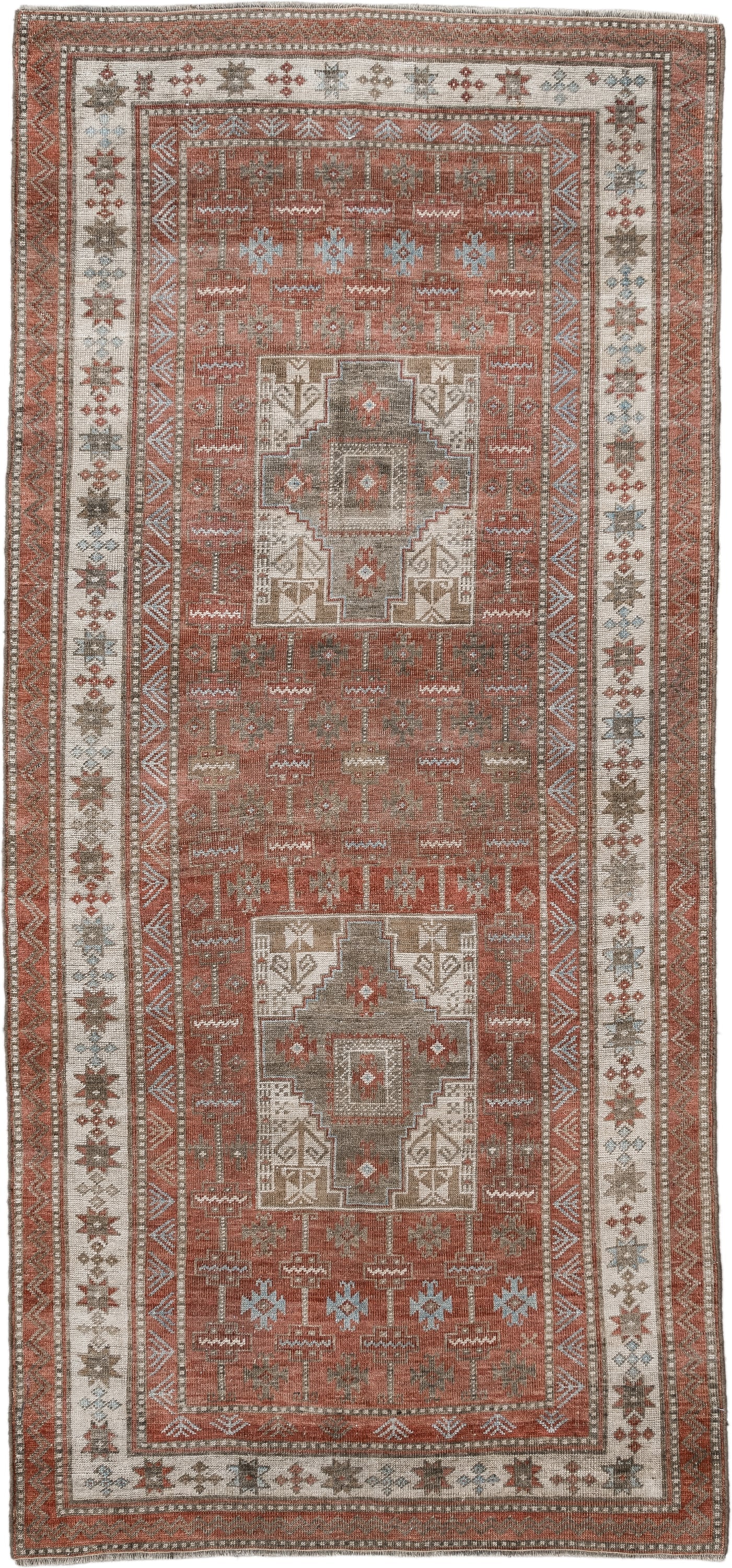 3' x 7' one-of-a-kind handmade antique Belouch runner rug. Color palette: terra cotta, ivory, taupe, brown, slate, rust