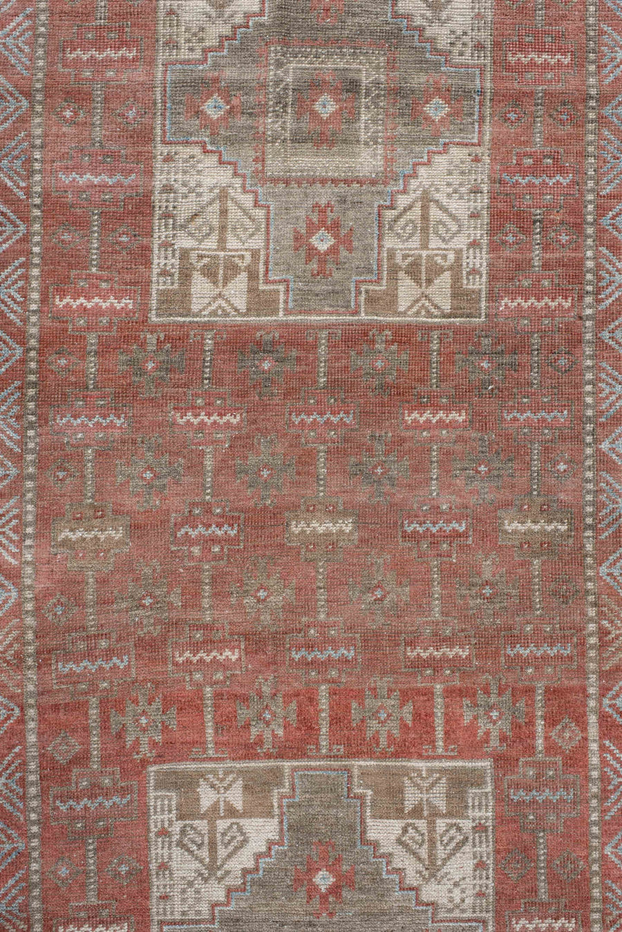 3' x 7' one-of-a-kind handmade antique Belouch runner rug. Color palette: terra cotta, ivory, taupe, brown, slate, rust
