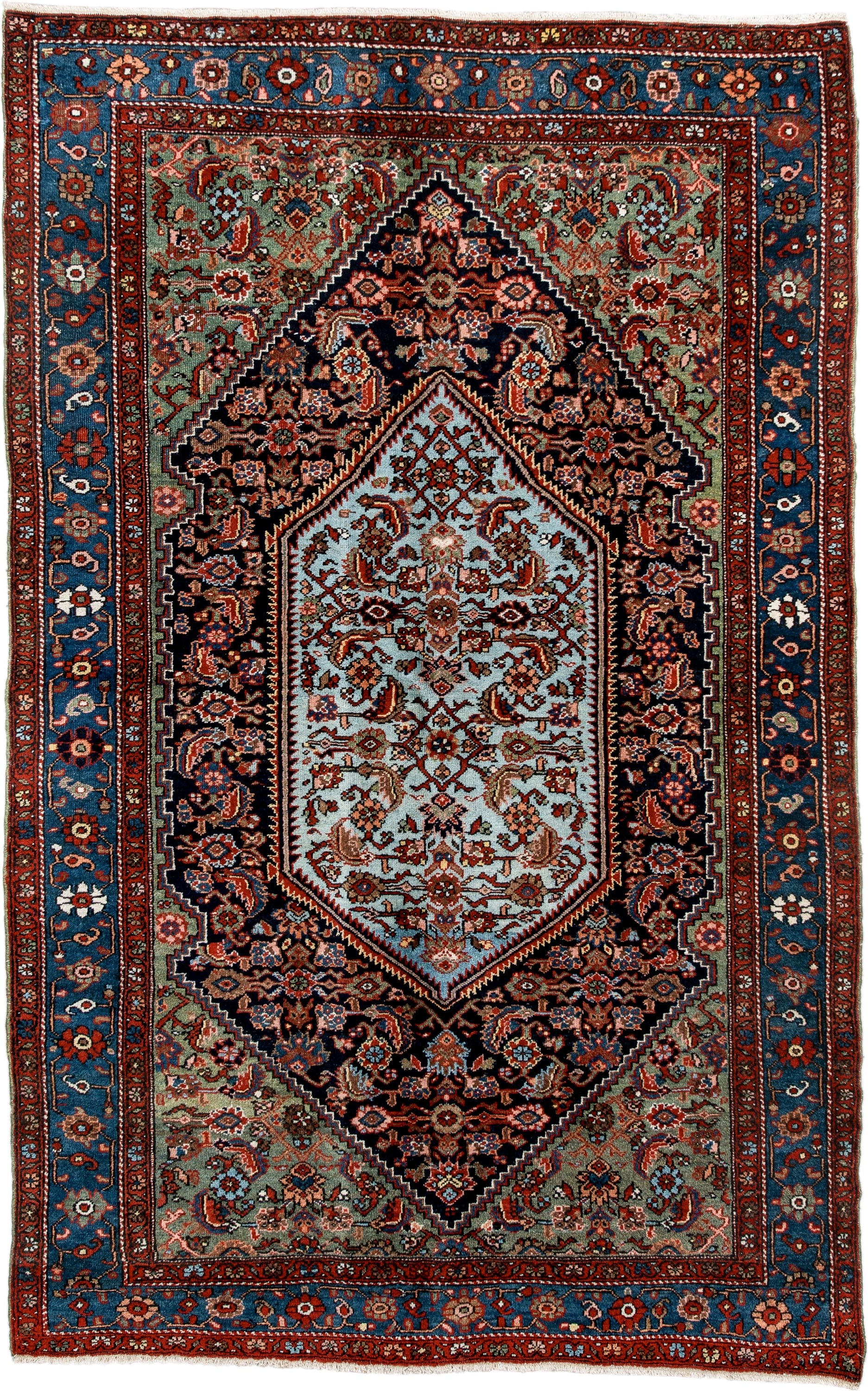 4' x 6' one-of-a-kind handmade vintage Sarouk small size rug. Color palette: navy, cobalt, rust, light blue, sage, ivory