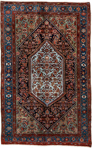 4' x 6' one-of-a-kind handmade vintage Sarouk small size rug. Color palette: navy, cobalt, rust, light blue, sage, ivory