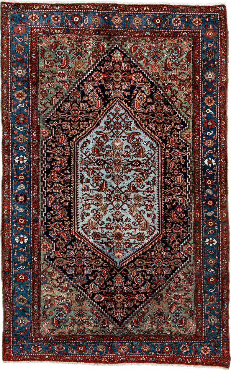 4' x 6' one-of-a-kind handmade vintage Sarouk small size rug. Color palette: navy, cobalt, rust, light blue, sage, ivory
