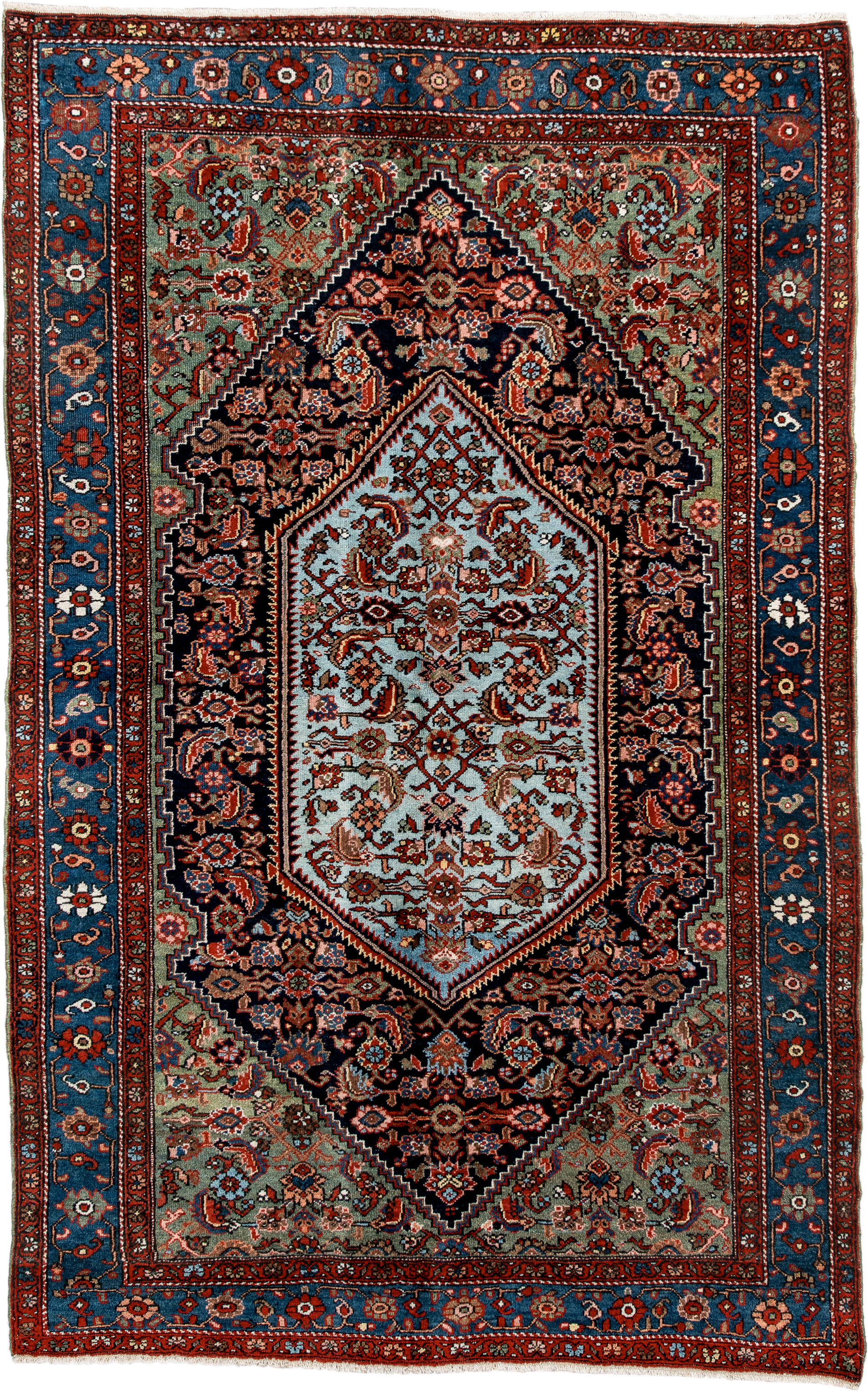 4' x 6' one-of-a-kind handmade vintage Sarouk small size rug. Color palette: navy, cobalt, rust, light blue, sage, ivory