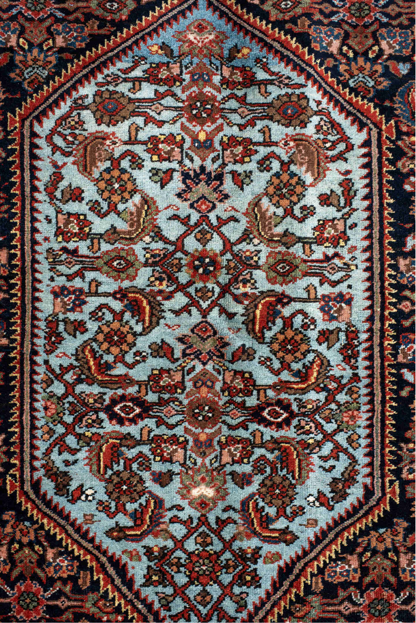 4' x 6' one-of-a-kind handmade vintage Sarouk small size rug. Color palette: navy, cobalt, rust, light blue, sage, ivory