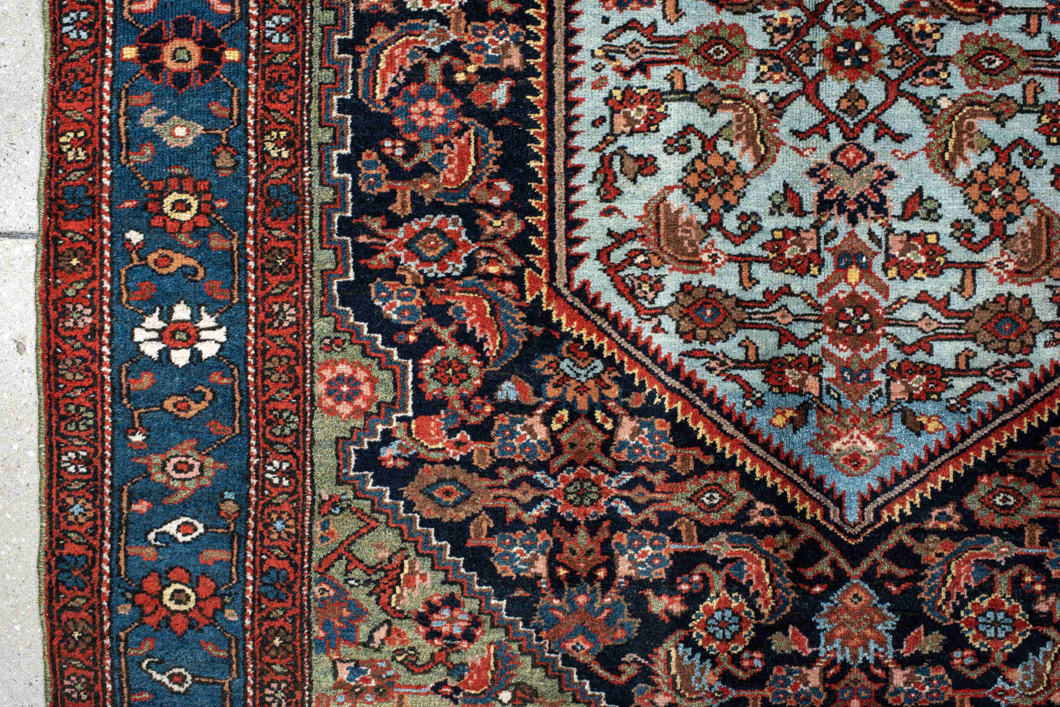 4' x 6' one-of-a-kind handmade vintage Sarouk small size rug. Color palette: navy, cobalt, rust, light blue, sage, ivory