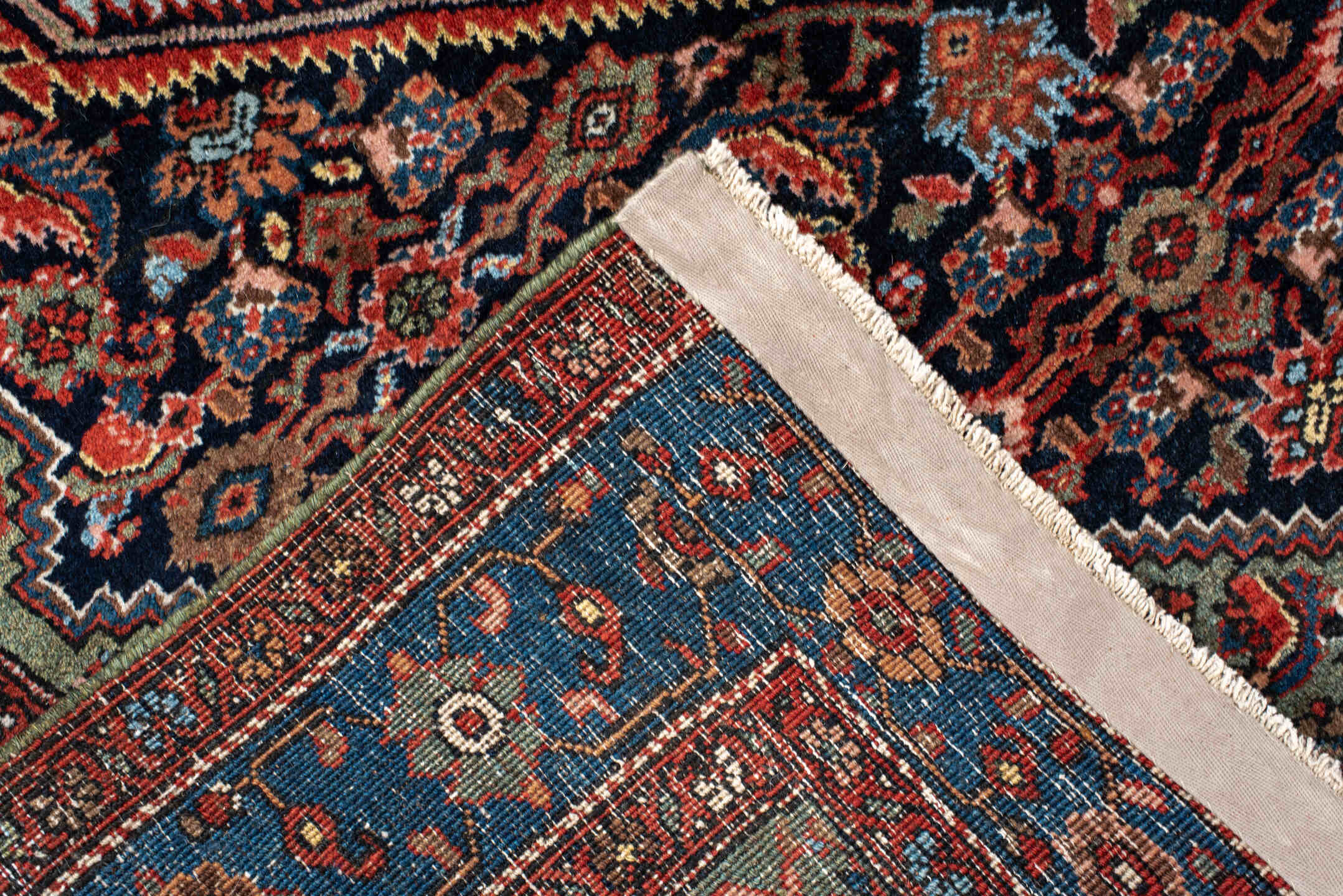 4' x 6' one-of-a-kind handmade vintage Sarouk small size rug. Color palette: navy, cobalt, rust, light blue, sage, ivory