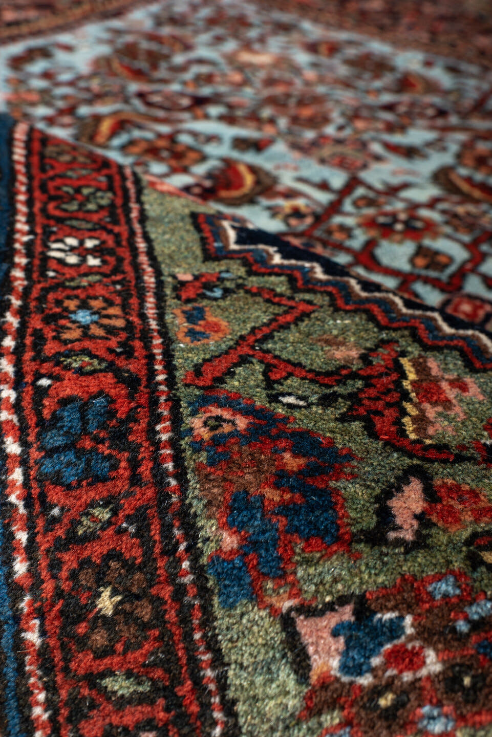 4' x 6' one-of-a-kind handmade vintage Sarouk small size rug. Color palette: navy, cobalt, rust, light blue, sage, ivory