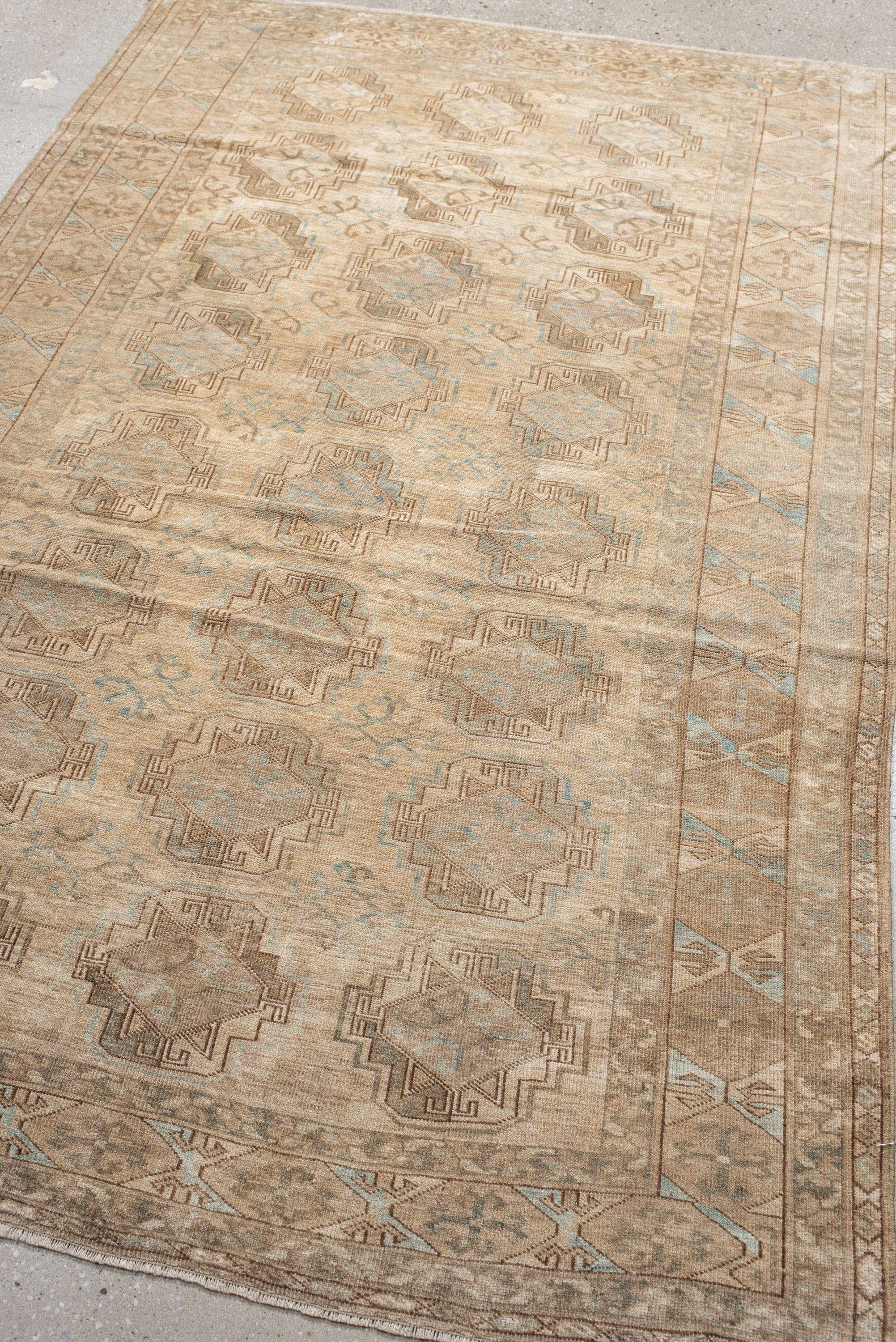 4' x 7' one-of-a-kind handmade antique Afghan rug. Color palette: beige, taupe, camel, pale_blue, ivory, sand, brown, gray