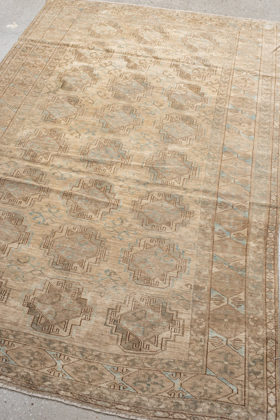 4' x 7' one-of-a-kind handmade antique Afghan rug. Color palette: beige, taupe, camel, pale_blue, ivory, sand, brown, gray