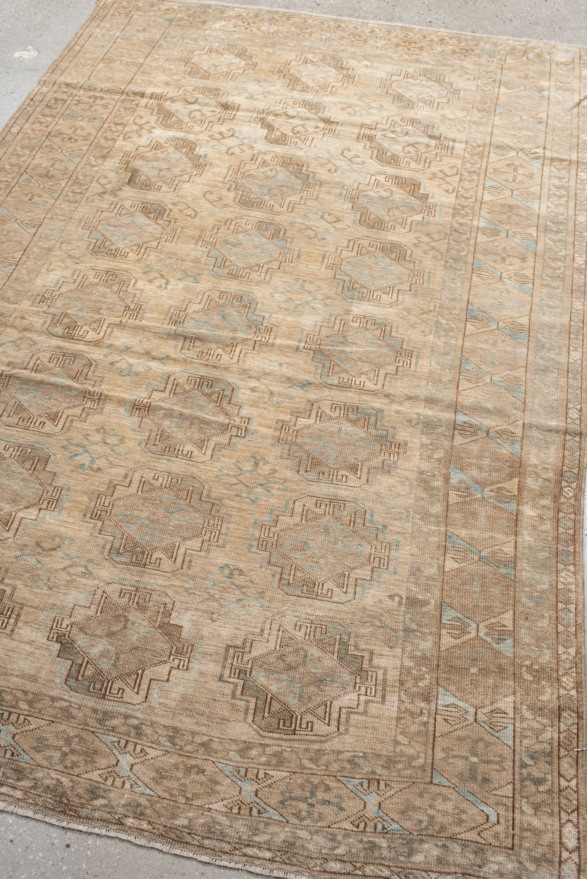4' x 7' one-of-a-kind handmade antique Afghan rug. Color palette: beige, taupe, camel, pale_blue, ivory, sand, brown, gray
