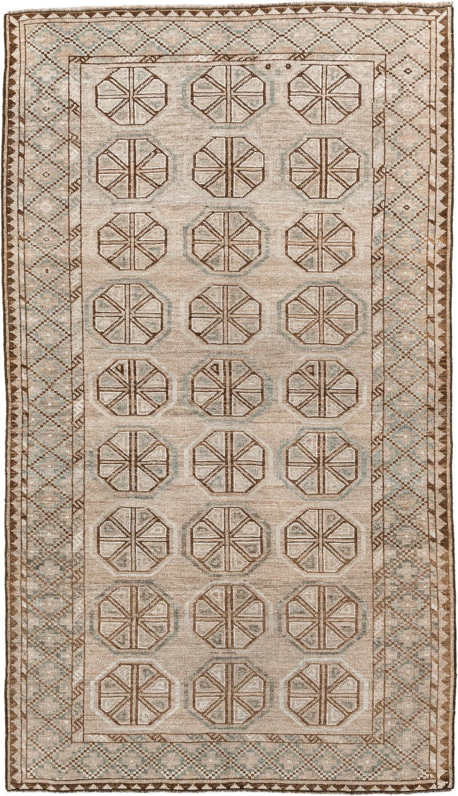 3' x 6' one-of-a-kind handmade antique Belouch rug. Color palette: ivory, camel, taupe, brown, pale blue, beige, gray