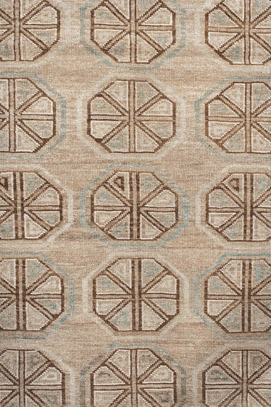 3' x 6' one-of-a-kind handmade antique Belouch rug. Color palette: ivory, camel, taupe, brown, pale blue, beige, gray
