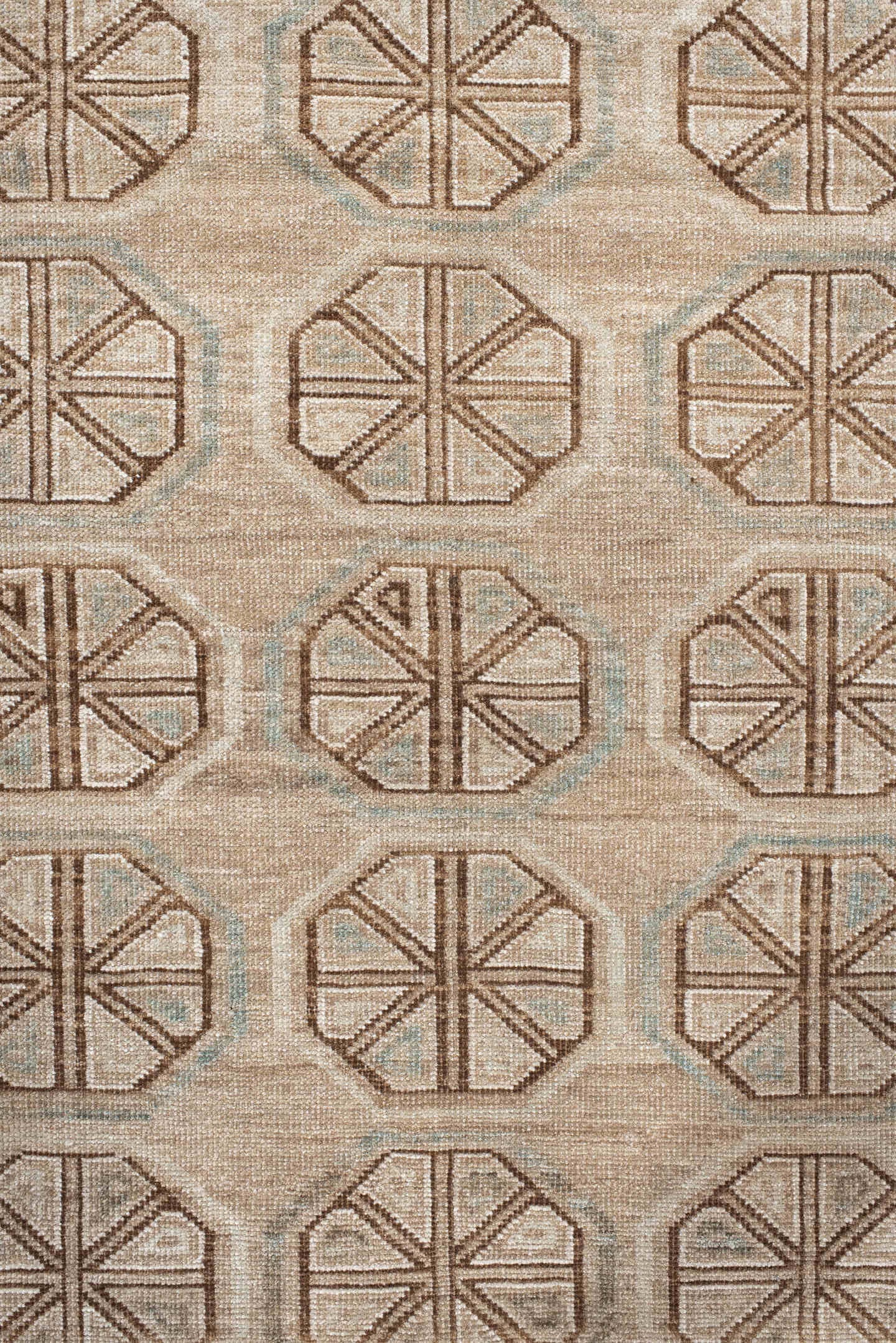 3' x 6' one-of-a-kind handmade antique Belouch rug. Color palette: ivory, camel, taupe, brown, pale blue, beige, gray