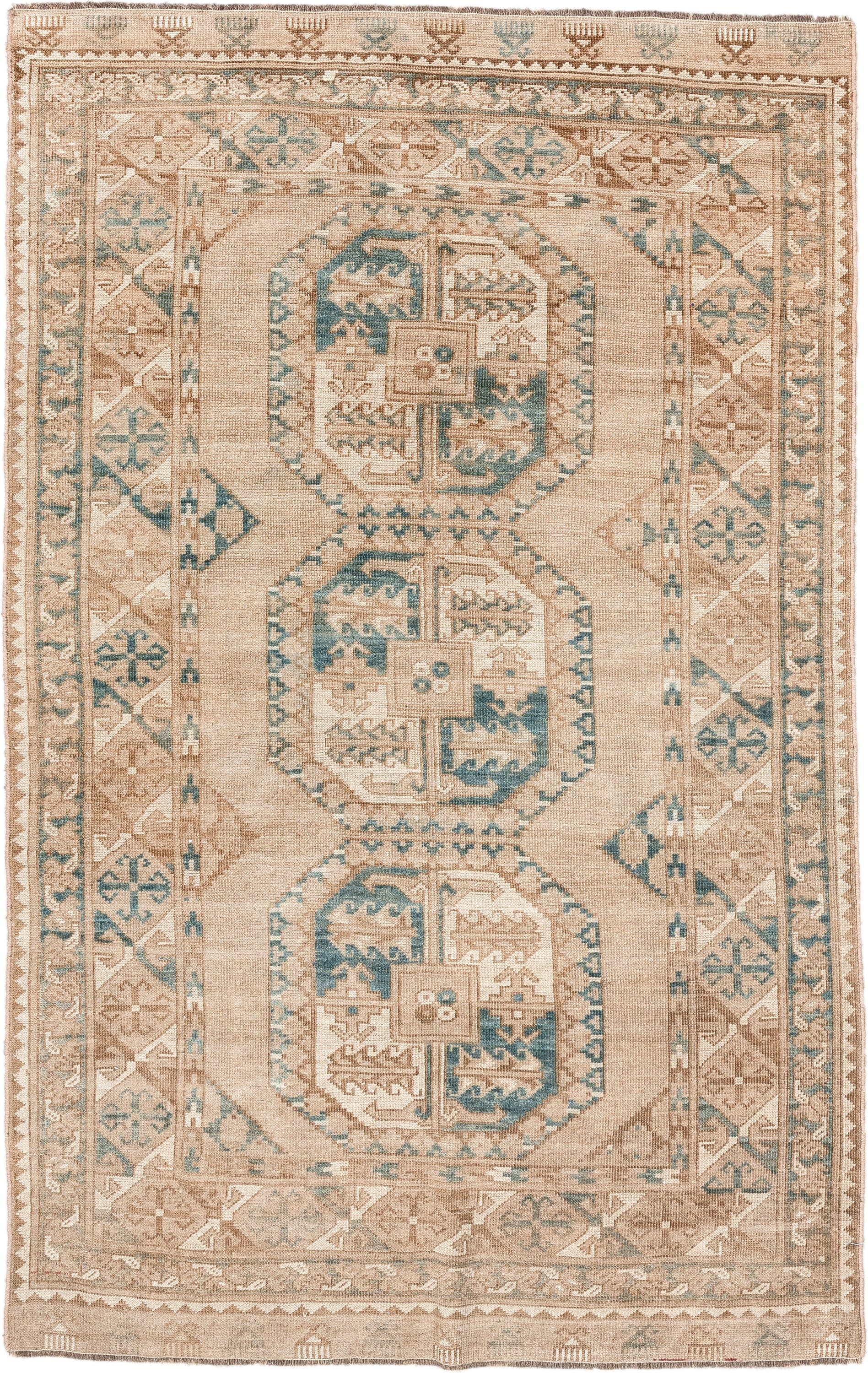 3' x 5' one-of-a-kind handmade vintage Afghan small size rug. Color palette: ivory, sand, taupe, teal, camel, beige, gray