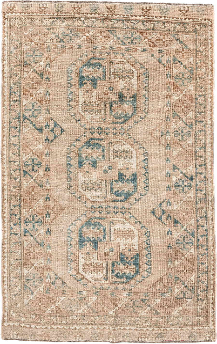 3' x 5' one-of-a-kind handmade vintage Afghan small size rug. Color palette: ivory, sand, taupe, teal, camel, beige, gray