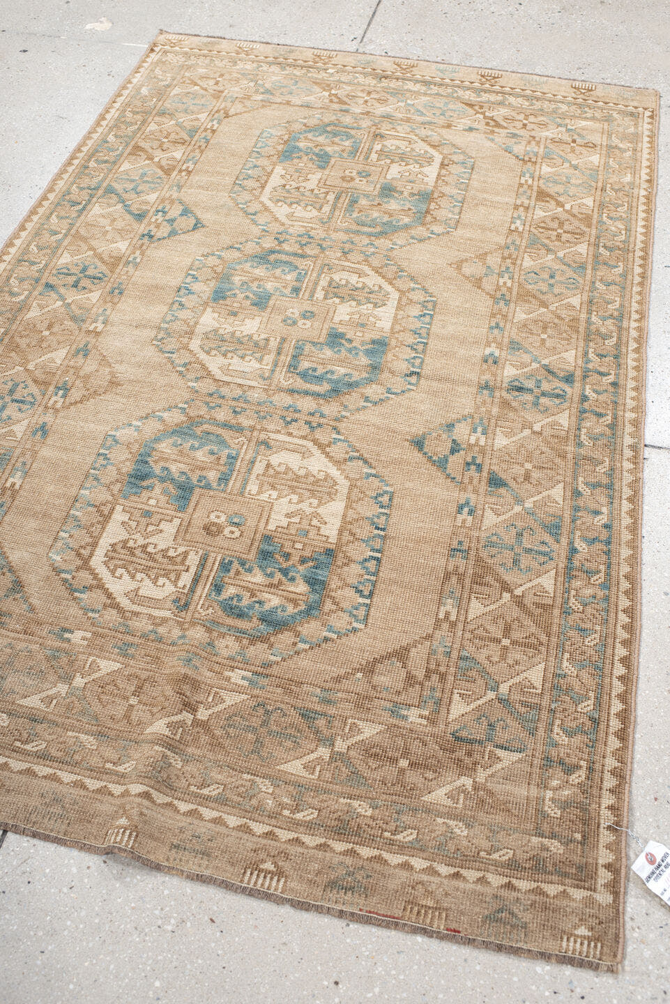 3' x 5' one-of-a-kind handmade vintage Afghan small size rug. Color palette: ivory, sand, taupe, teal, camel, beige, gray