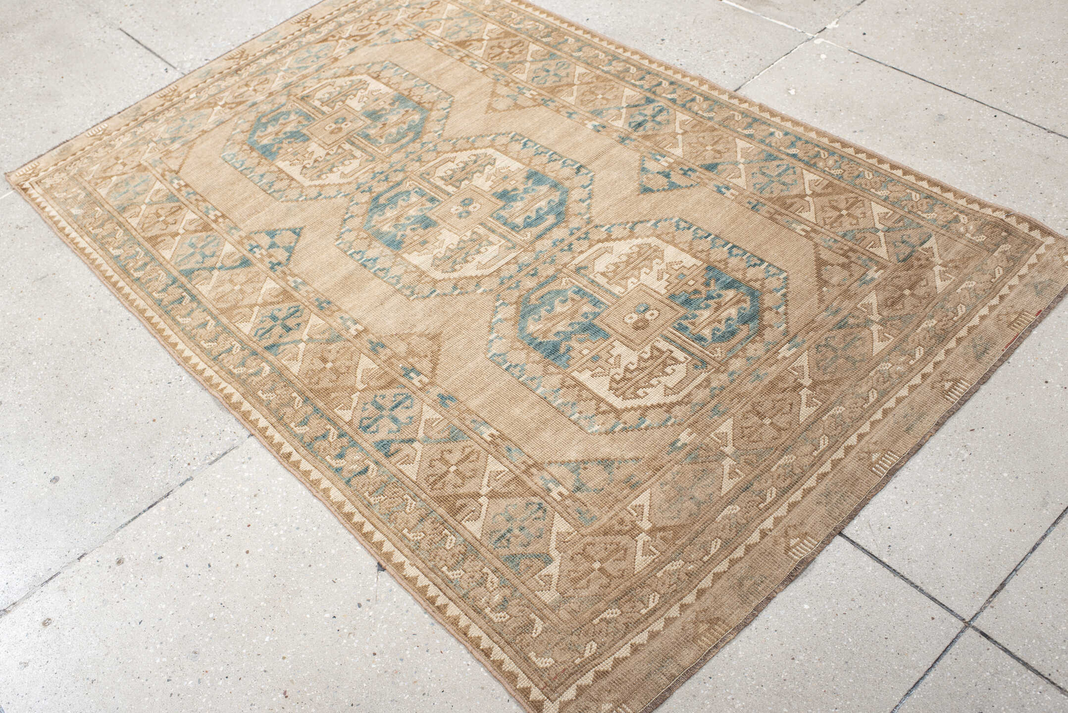 3' x 5' one-of-a-kind handmade vintage Afghan small size rug. Color palette: ivory, sand, taupe, teal, camel, beige, gray