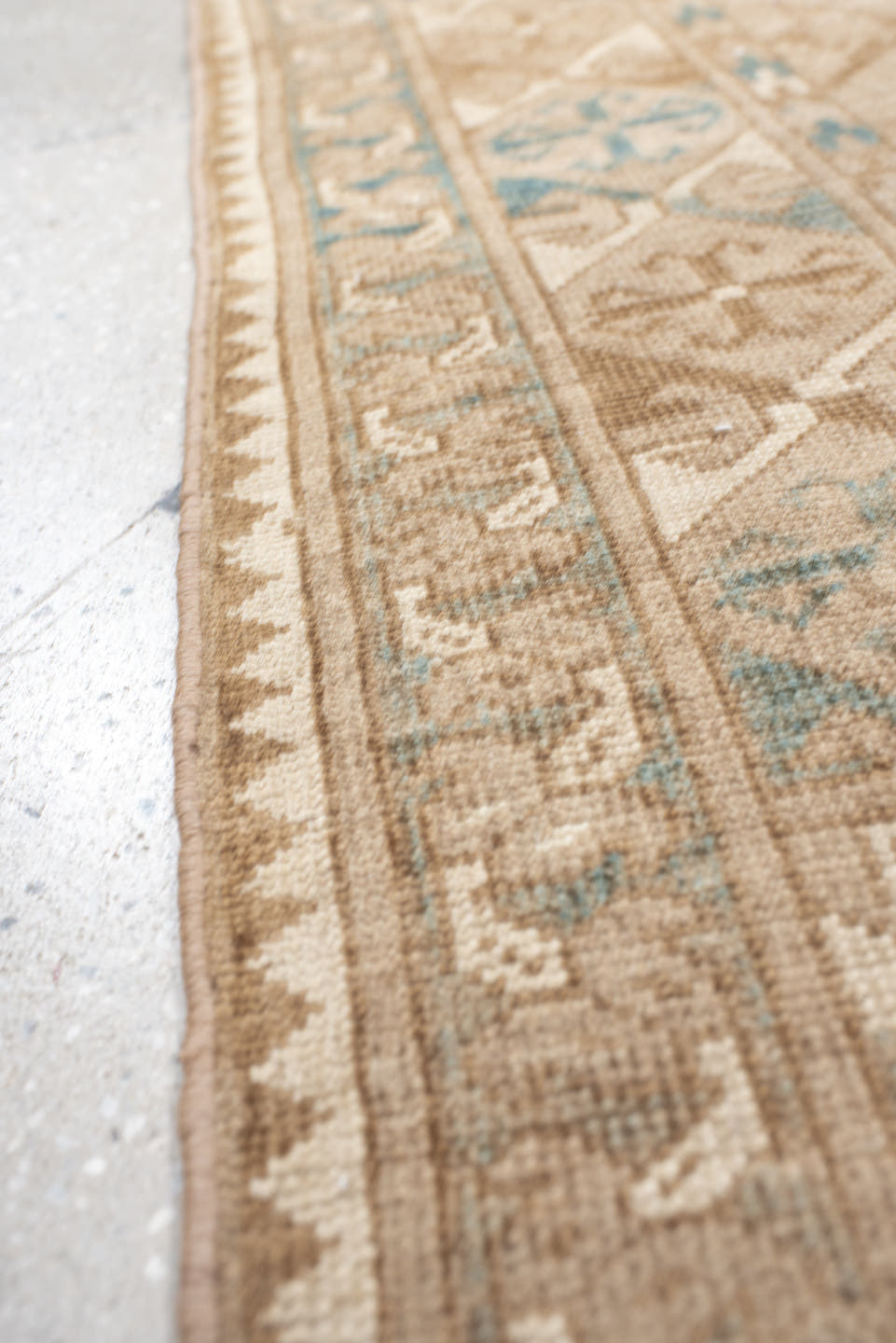 3' x 5' one-of-a-kind handmade vintage Afghan small size rug. Color palette: ivory, sand, taupe, teal, camel, beige, gray