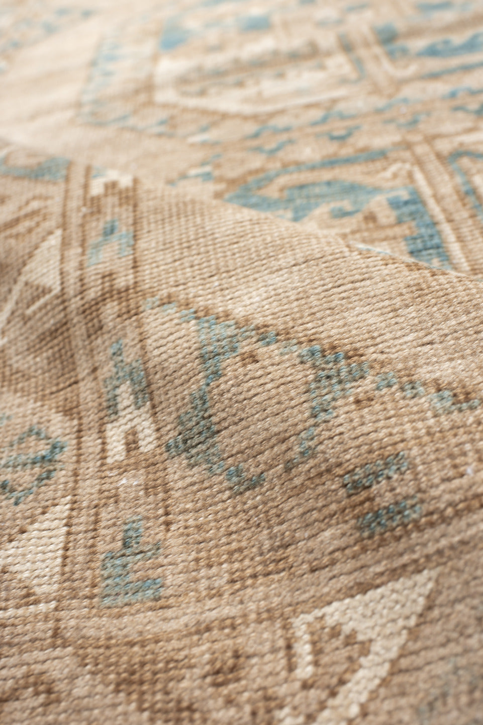 3' x 5' one-of-a-kind handmade vintage Afghan small size rug. Color palette: ivory, sand, taupe, teal, camel, beige, gray