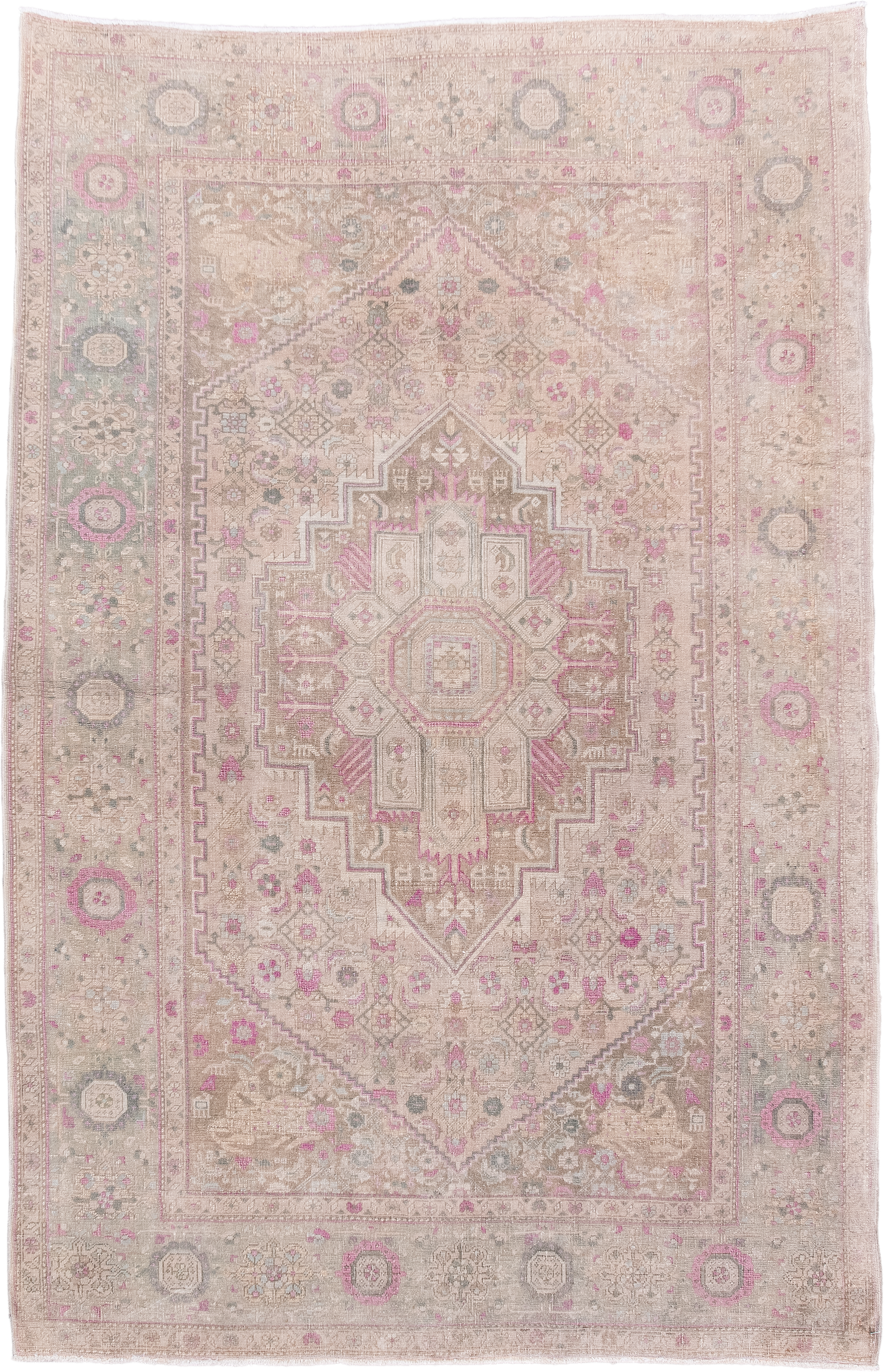 4' x 6' one-of-a-kind handmade antique Bidjar small size rug. Color palette: ivory, taupe, rose, blush, sage, gray, beige