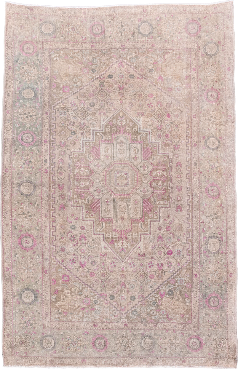 4' x 6' one-of-a-kind handmade antique Bidjar small size rug. Color palette: ivory, taupe, rose, blush, sage, gray, beige