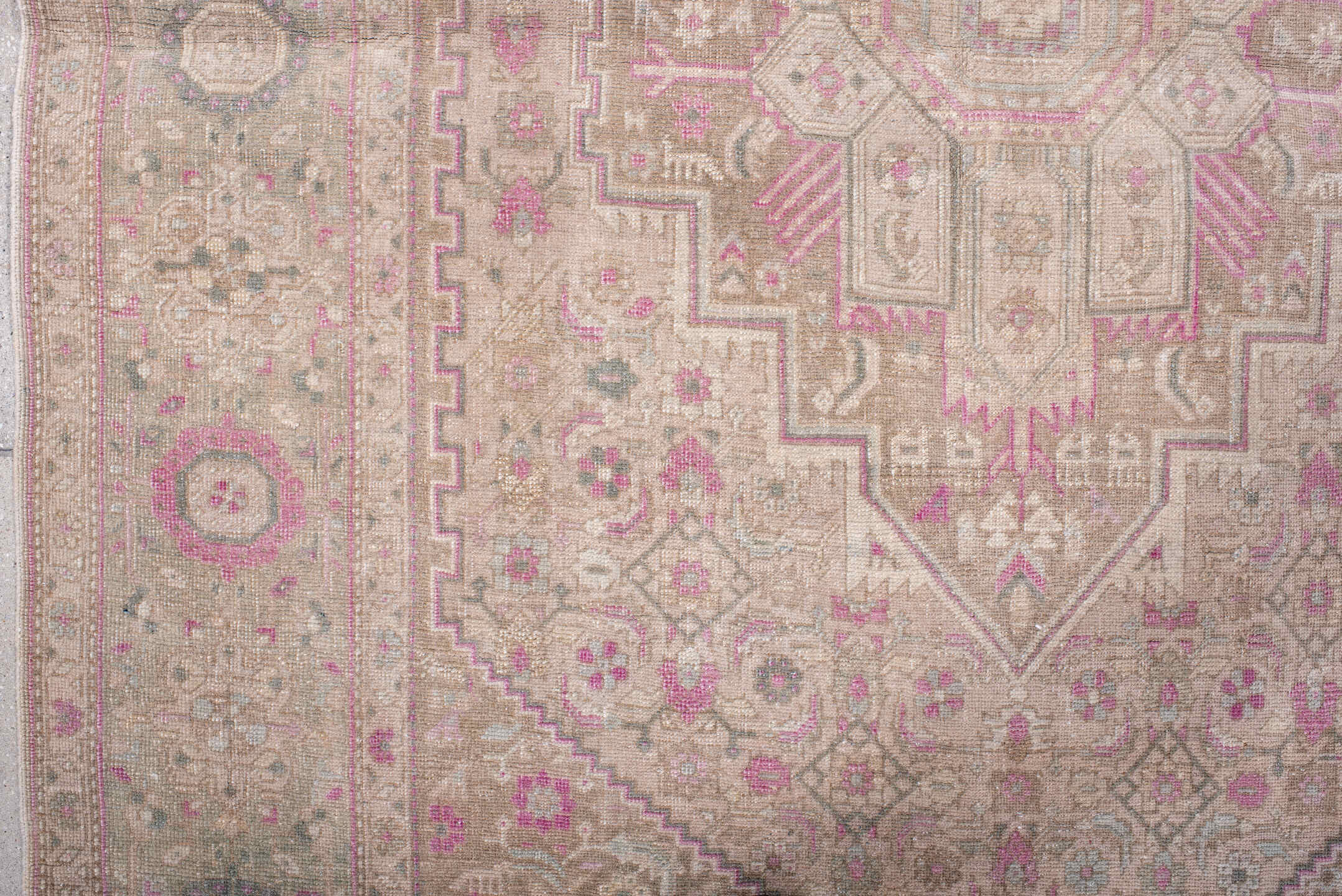4' x 6' one-of-a-kind handmade antique Bidjar small size rug. Color palette: ivory, taupe, rose, blush, sage, gray, beige
