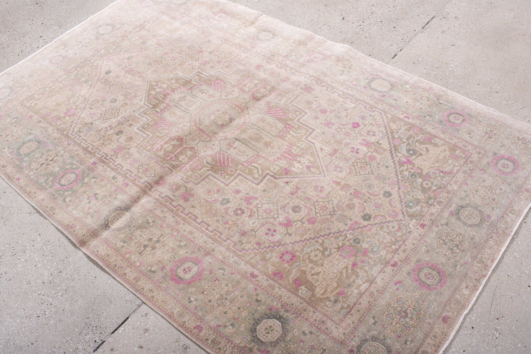 4' x 6' one-of-a-kind handmade antique Bidjar small size rug. Color palette: ivory, taupe, rose, blush, sage, gray, beige