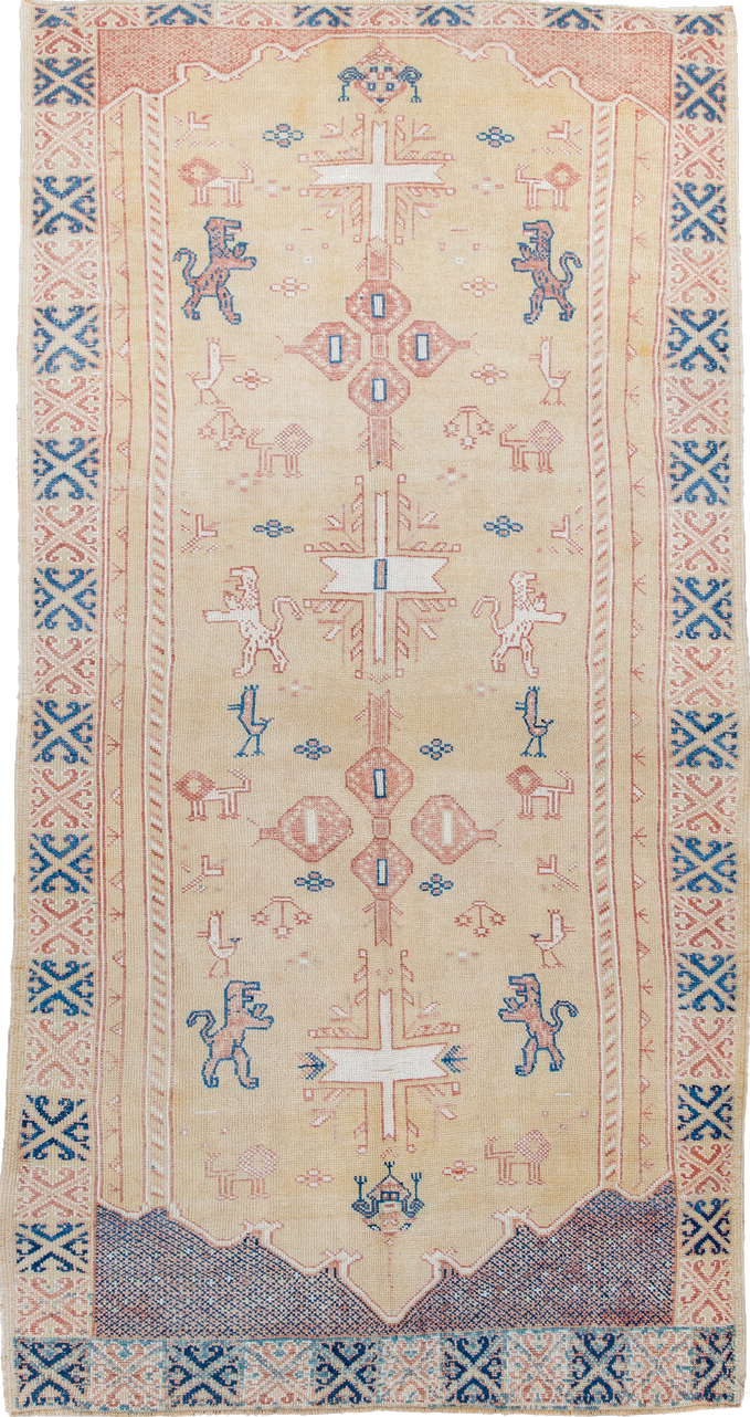 4' x 9' one-of-a-kind handmade vintage Moroccan rug. Color palette: blue, brown, gainsboro, gray, light gray, off-white