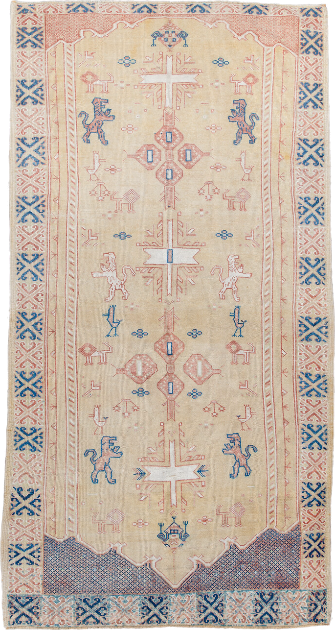 4' x 9' one-of-a-kind handmade antique Moroccan rug. Color palette: ivory, rose, blue, navy, cream, taupe, pink, red, beige