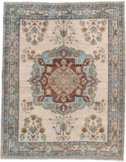 4' x 5' one-of-a-kind handmade antique Afshar small size rug. Color palette: ivory, sky_blue, rust, sage, taupe, camel