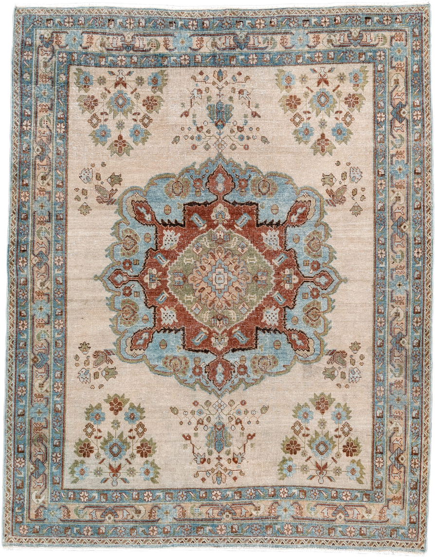 4' x 5' one-of-a-kind handmade antique Afshar small size rug. Color palette: ivory, sky_blue, rust, sage, taupe, camel
