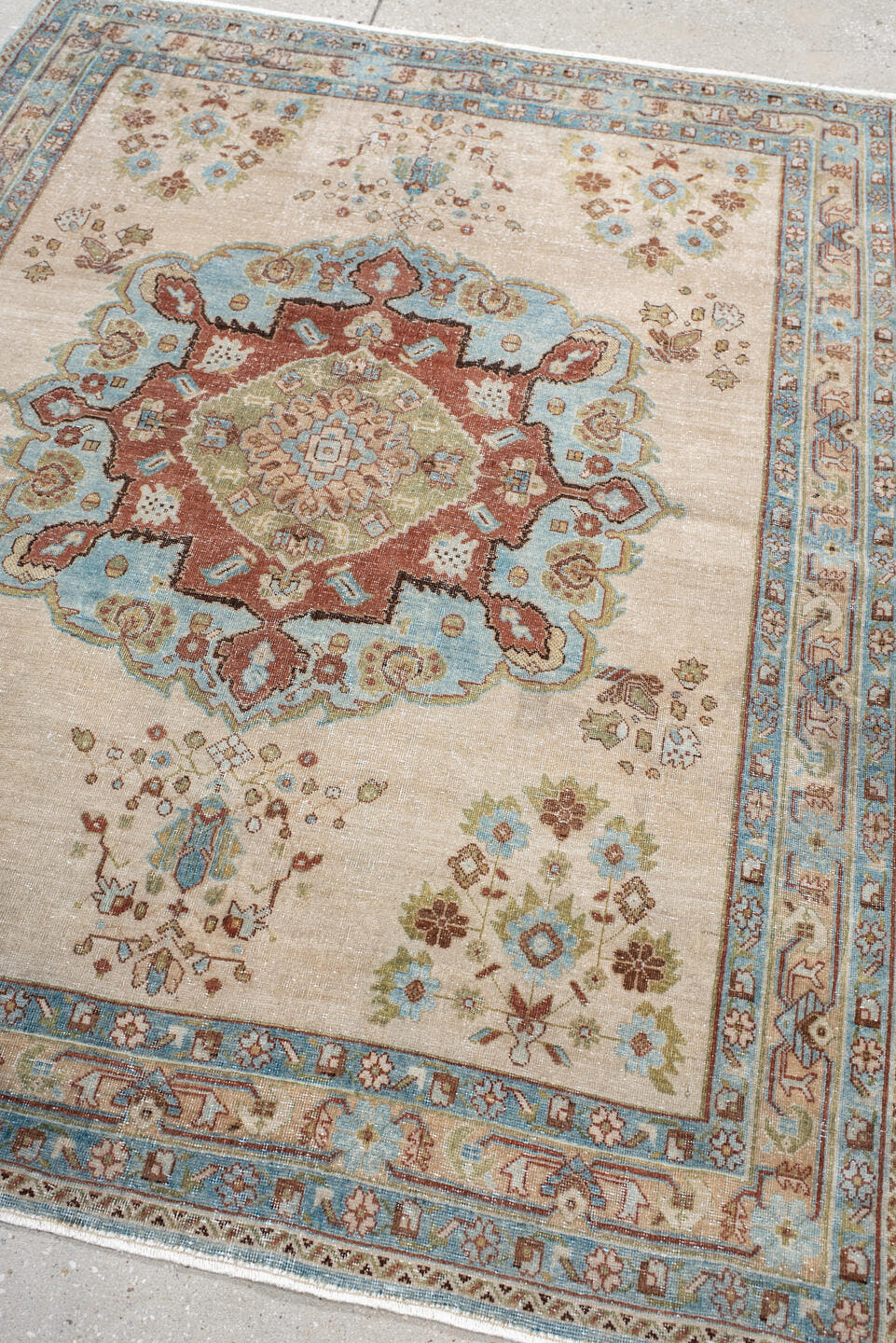 4' x 5' one-of-a-kind handmade antique Afshar small size rug. Color palette: ivory, sky_blue, rust, sage, taupe, camel