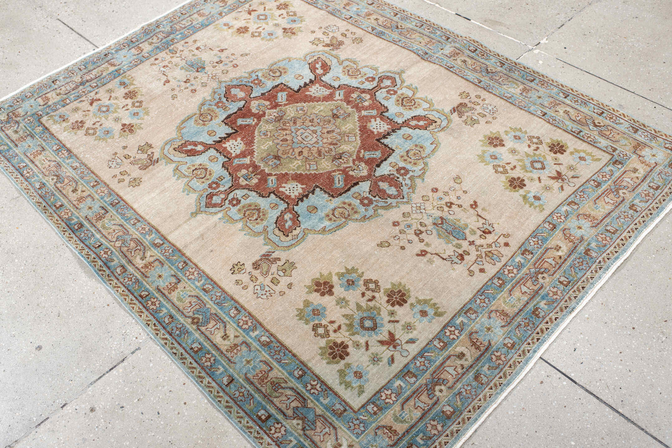 4' x 5' one-of-a-kind handmade antique Afshar small size rug. Color palette: ivory, sky_blue, rust, sage, taupe, camel