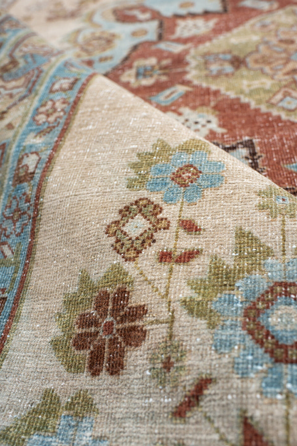 4' x 5' one-of-a-kind handmade antique Afshar small size rug. Color palette: ivory, sky_blue, rust, sage, taupe, camel