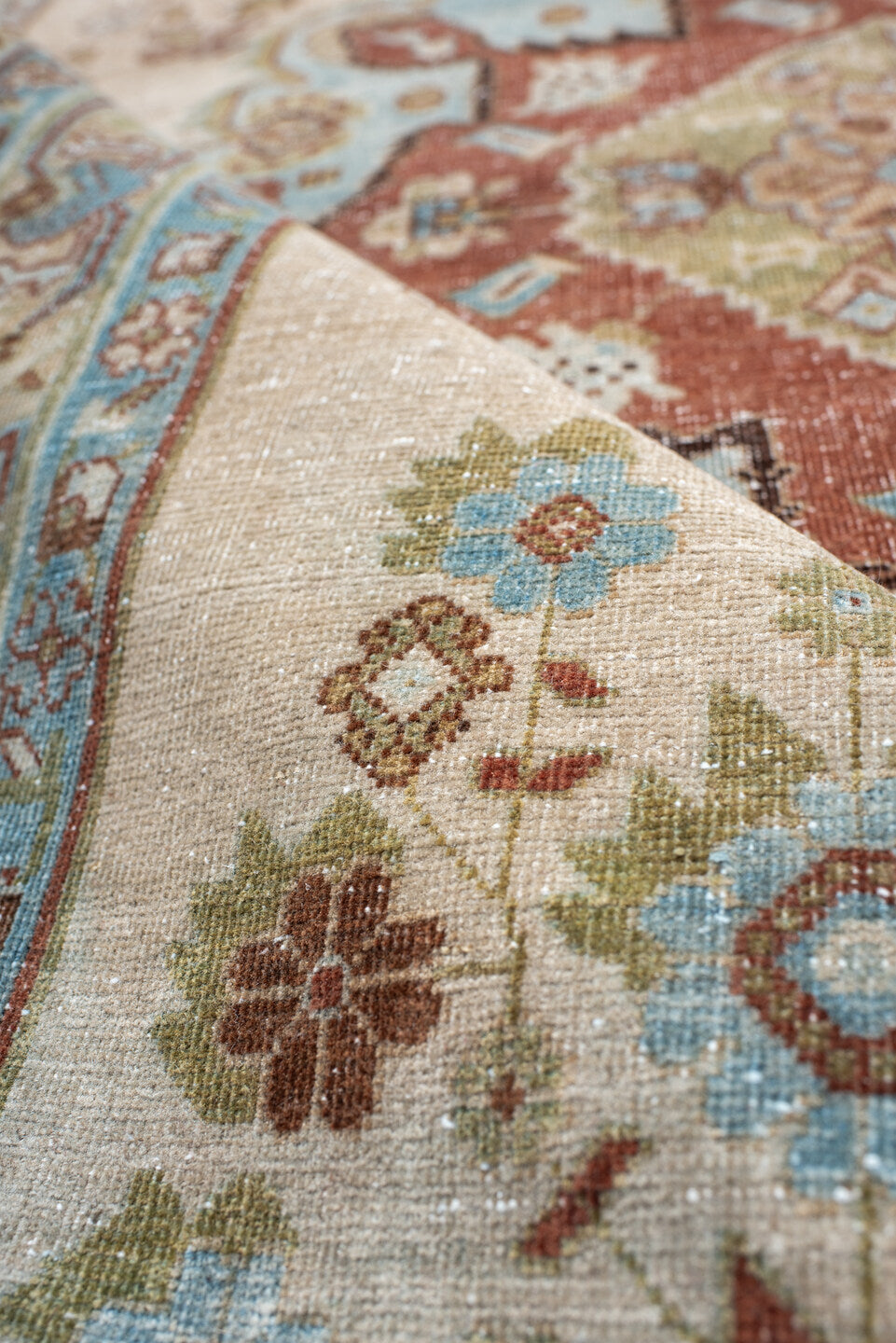 4' x 5' one-of-a-kind handmade antique Afshar small size rug. Color palette: ivory, sky_blue, rust, sage, taupe, camel