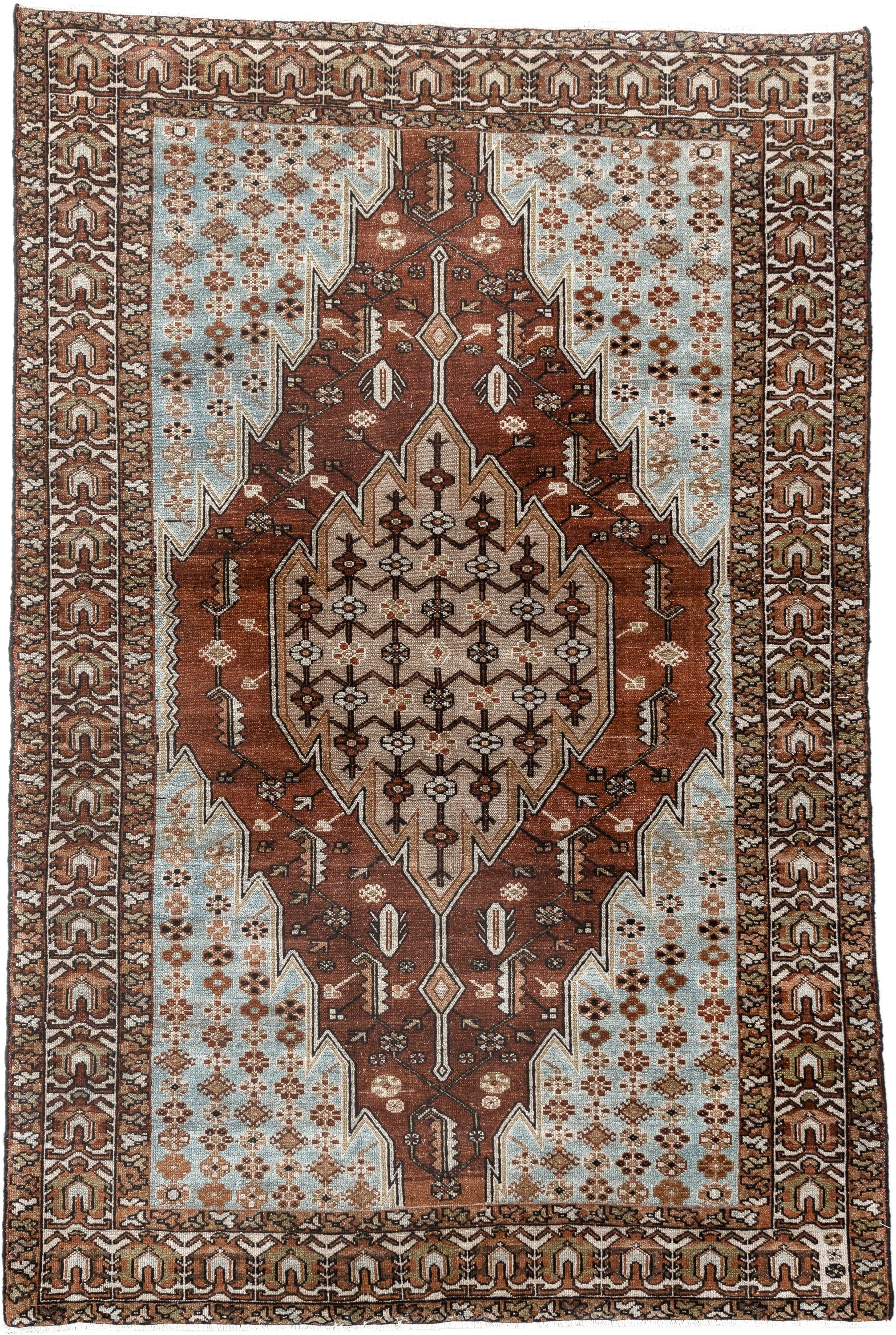 4' x 6' one-of-a-kind handmade vintage Malayer small size rug. Color palette: rust, ivory, light blue, brown, taupe